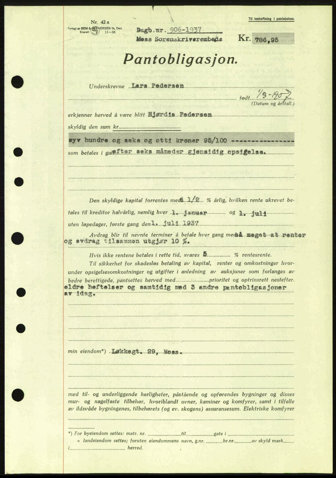 Moss sorenskriveri, SAO/A-10168: Pantebok nr. B3, 1937-1937, Dagboknr: 906/1937