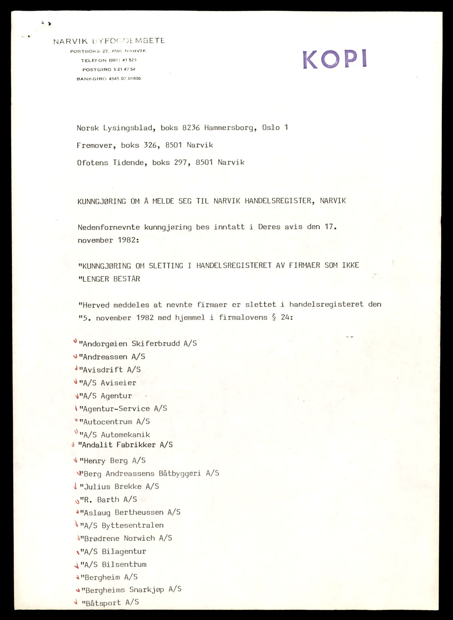 Narvik sorenskriveri, SAT/A-0002/2/J/Jd/Jdb/L0022: Aksjeselskap slettet etter Firmalovens § 24, P - W, 1982, s. 1