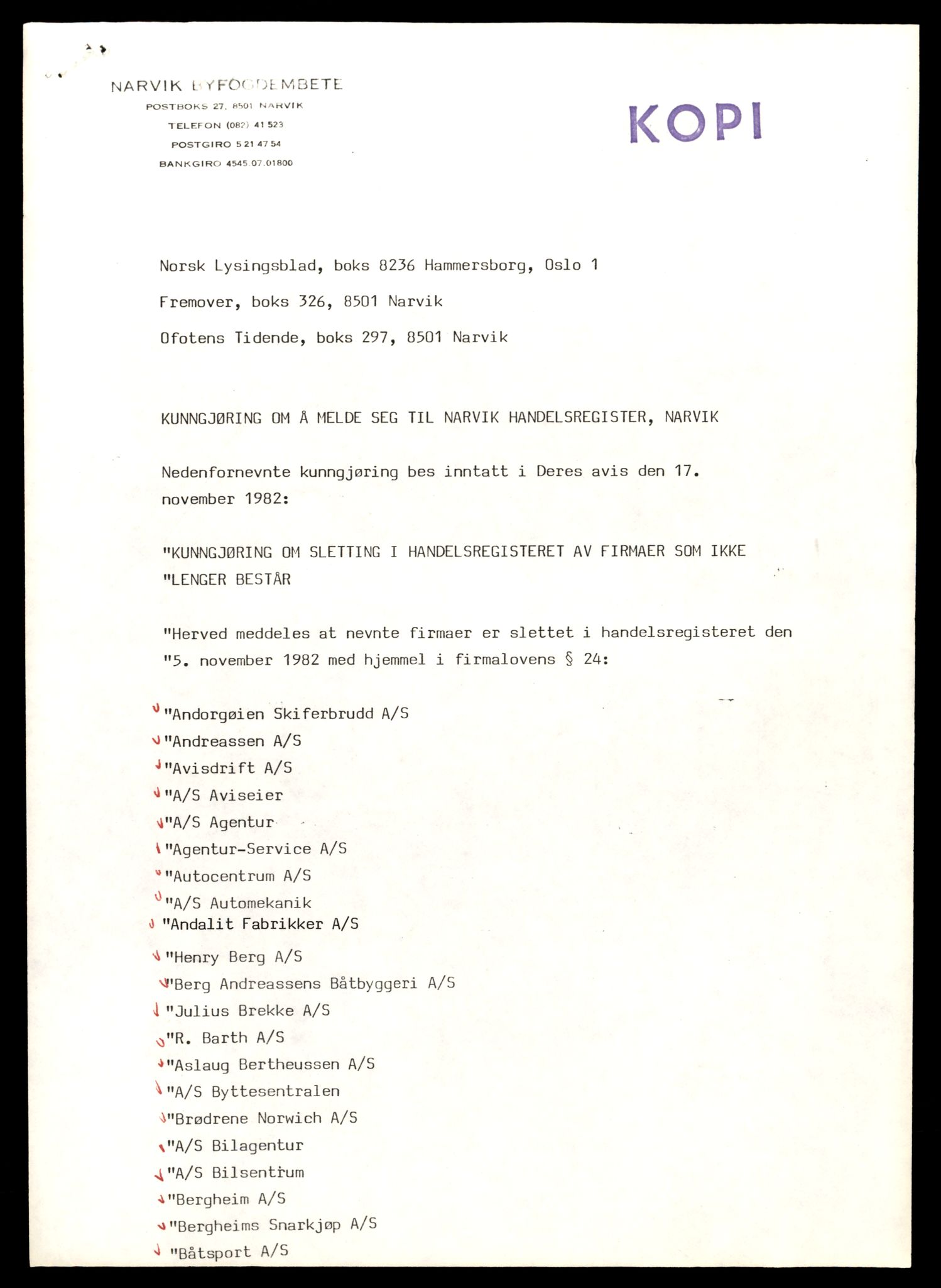Narvik sorenskriveri, AV/SAT-A-0002/2/J/Jd/Jdb/L0022: Aksjeselskap slettet etter Firmalovens § 24, P - W, 1982, s. 1