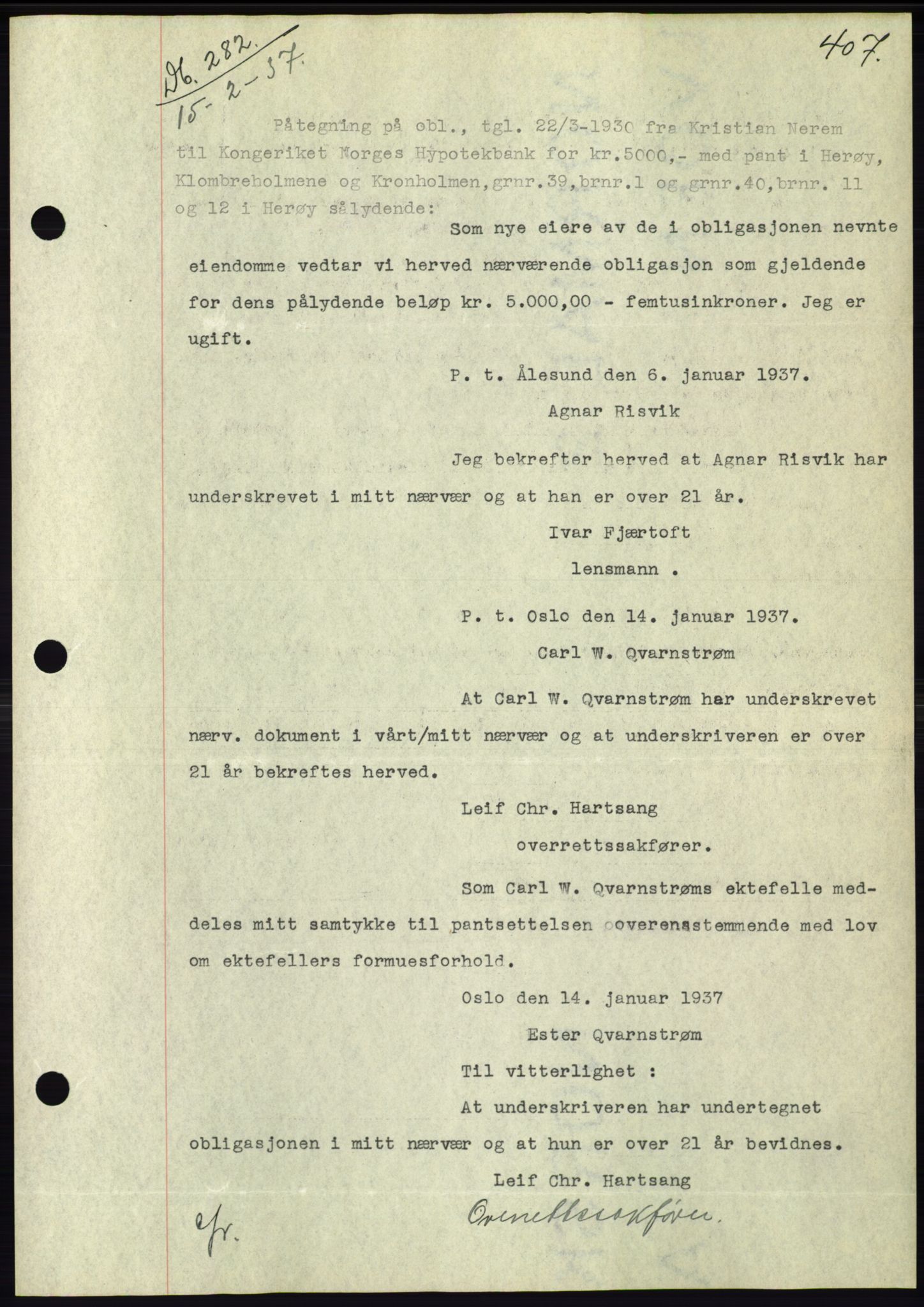 Søre Sunnmøre sorenskriveri, SAT/A-4122/1/2/2C/L0062: Pantebok nr. 56, 1936-1937, Dagboknr: 282/1937