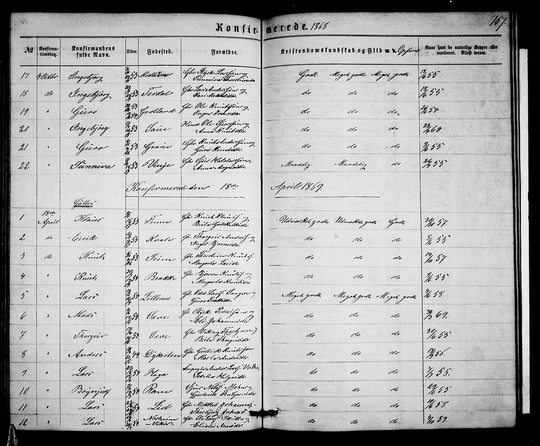 Voss sokneprestembete, AV/SAB-A-79001/H/Hab: Klokkerbok nr. B 2, 1863-1878, s. 167