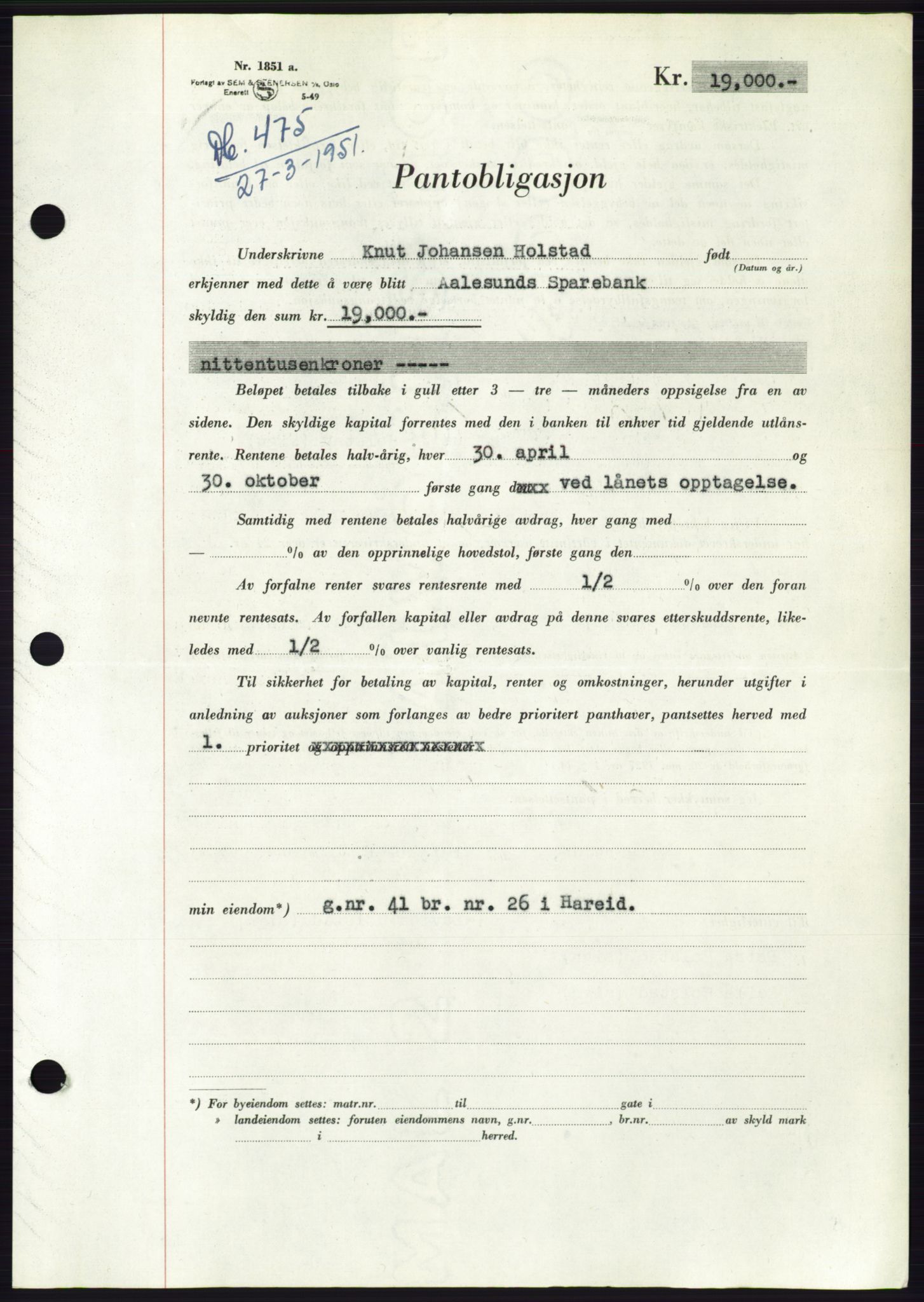 Søre Sunnmøre sorenskriveri, SAT/A-4122/1/2/2C/L0119: Pantebok nr. 7B, 1950-1951, Dagboknr: 475/1951