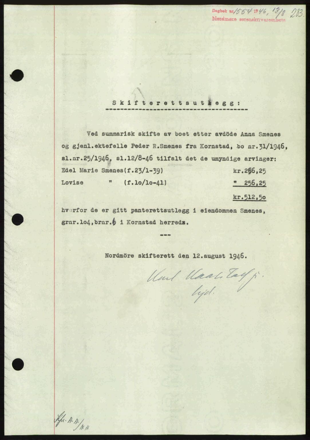 Nordmøre sorenskriveri, SAT/A-4132/1/2/2Ca: Pantebok nr. A102, 1946-1946, Dagboknr: 1554/1946