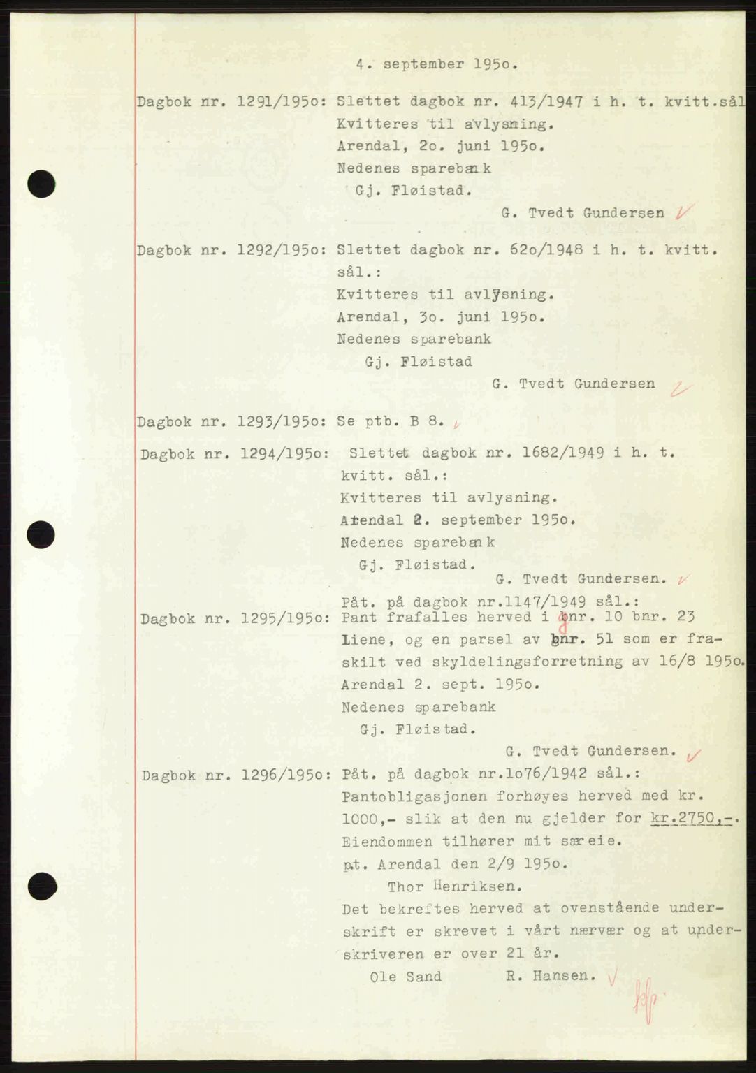 Nedenes sorenskriveri, SAK/1221-0006/G/Gb/Gba/L0063: Pantebok nr. A15, 1950-1950, Dagboknr: 1291/1950