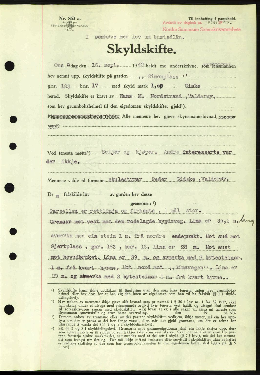 Nordre Sunnmøre sorenskriveri, SAT/A-0006/1/2/2C/2Ca: Pantebok nr. A14, 1942-1942, Dagboknr: 1605/1942