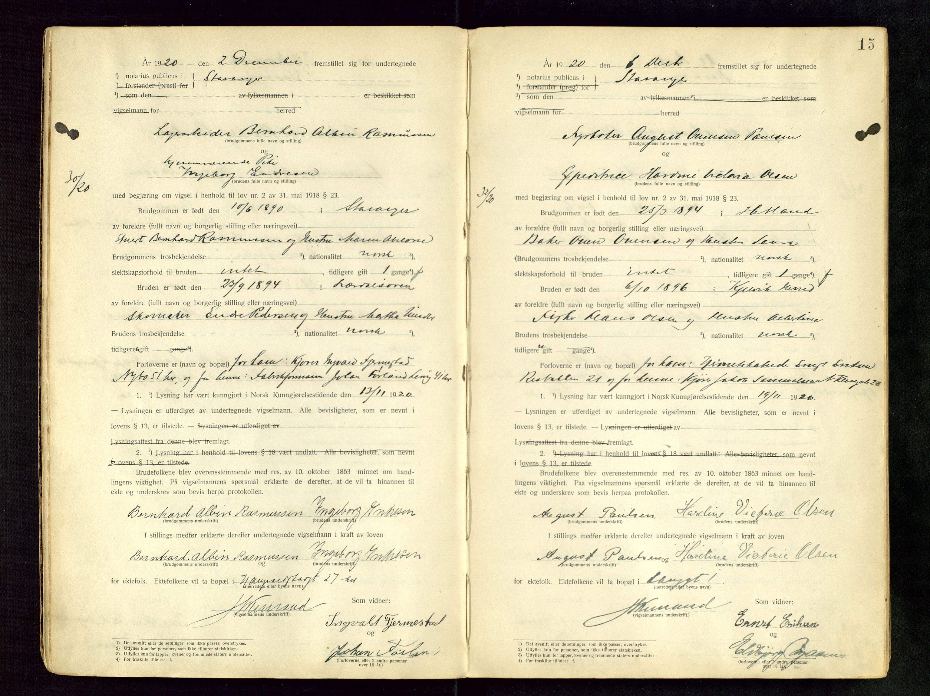 Stavanger byfogd, AV/SAST-A-101408/001/6/62/62BB/L0001: Vigselsprotokoll, 1920-1926, s. 15