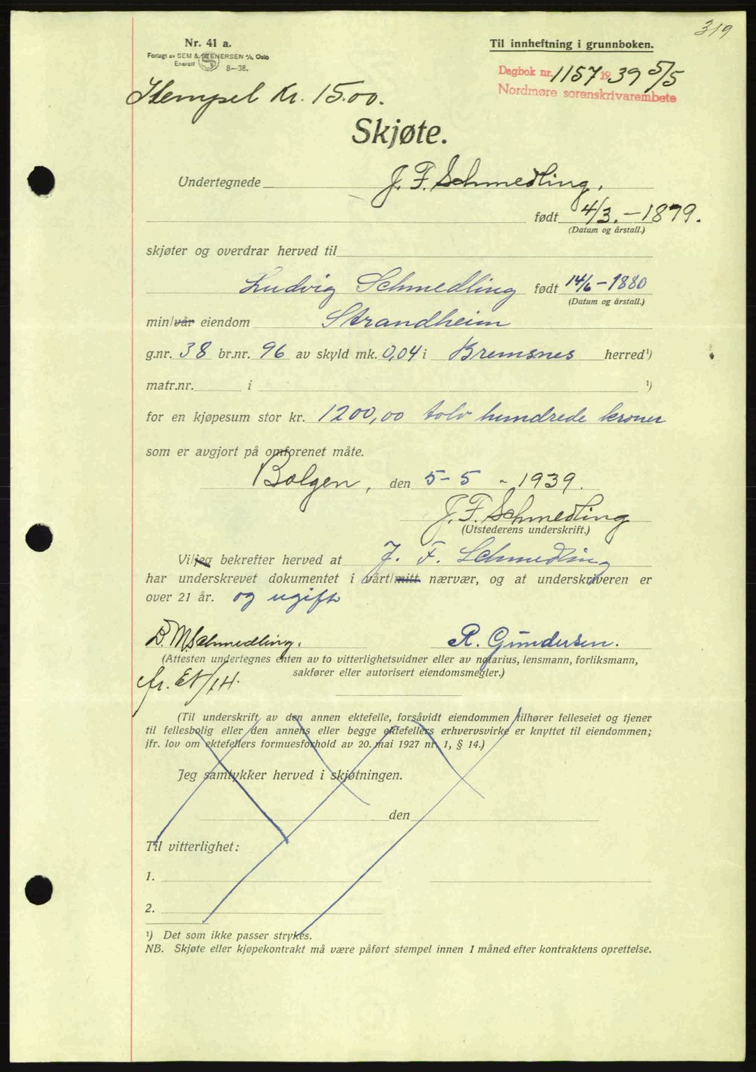 Nordmøre sorenskriveri, SAT/A-4132/1/2/2Ca: Pantebok nr. A86, 1939-1939, Dagboknr: 1157/1939