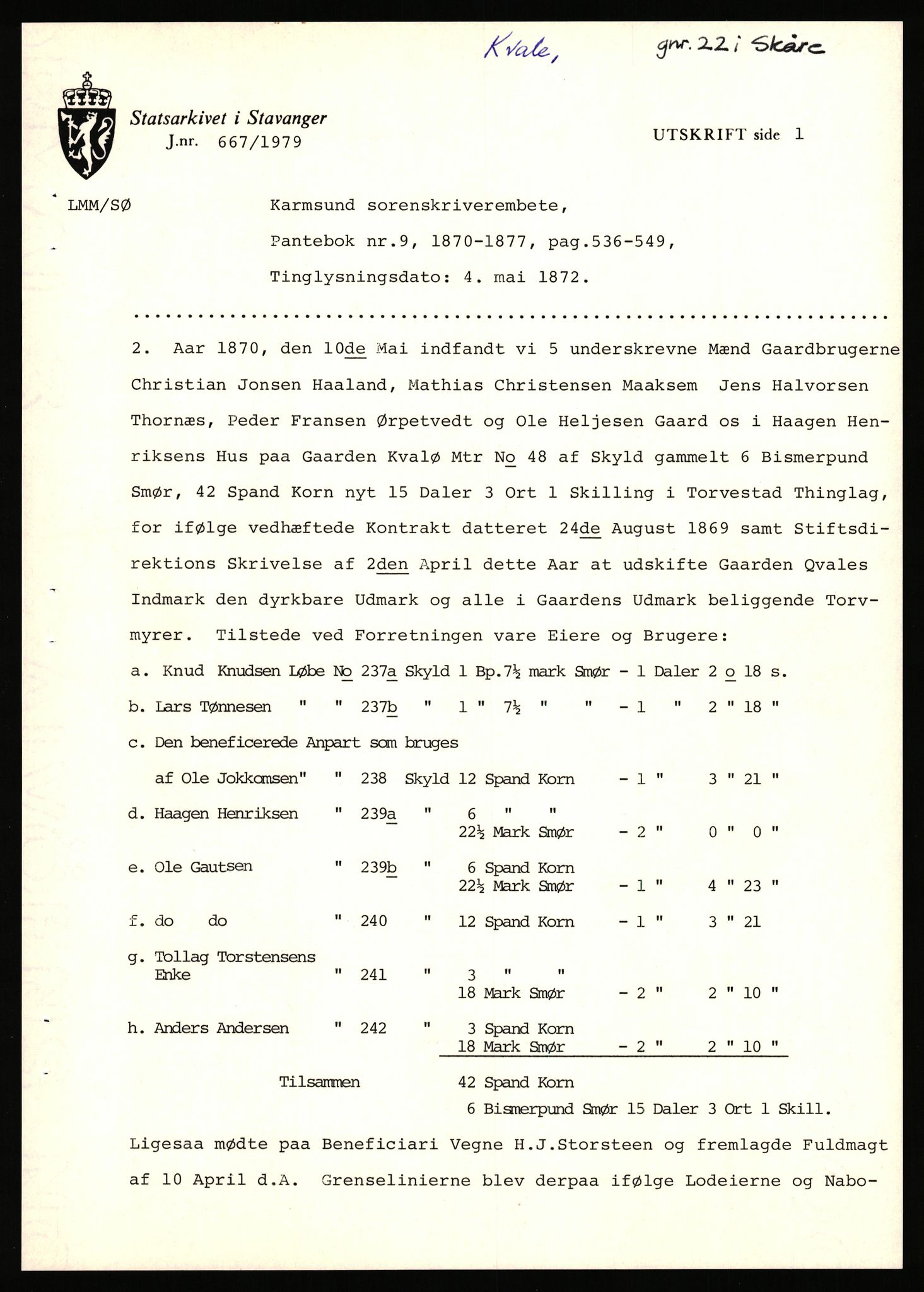 Statsarkivet i Stavanger, SAST/A-101971/03/Y/Yj/L0049: Avskrifter sortert etter gårdsnavn: Kro - Kvamme, 1750-1930, s. 229