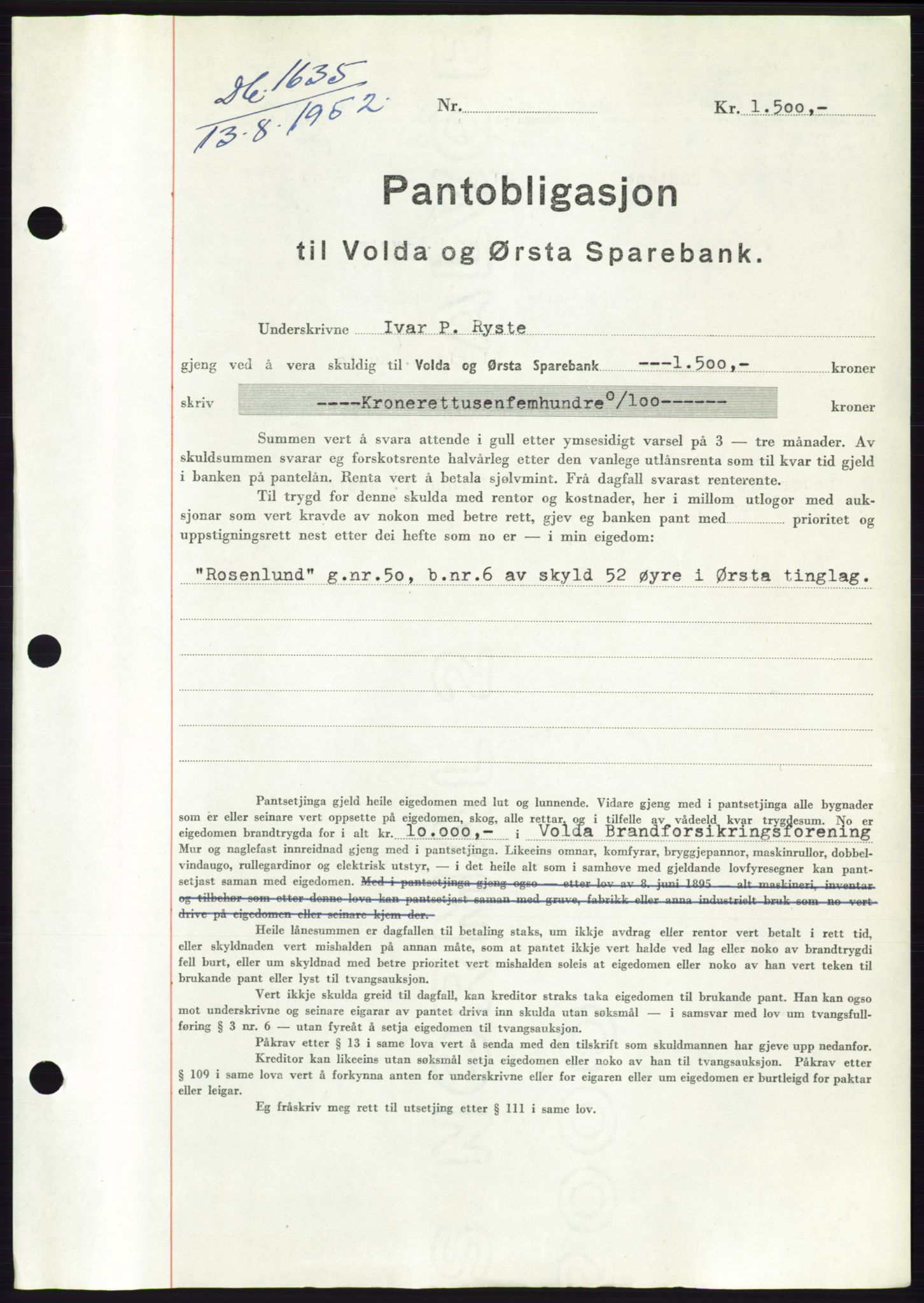 Søre Sunnmøre sorenskriveri, AV/SAT-A-4122/1/2/2C/L0121: Pantebok nr. 9B, 1951-1952, Dagboknr: 1635/1952