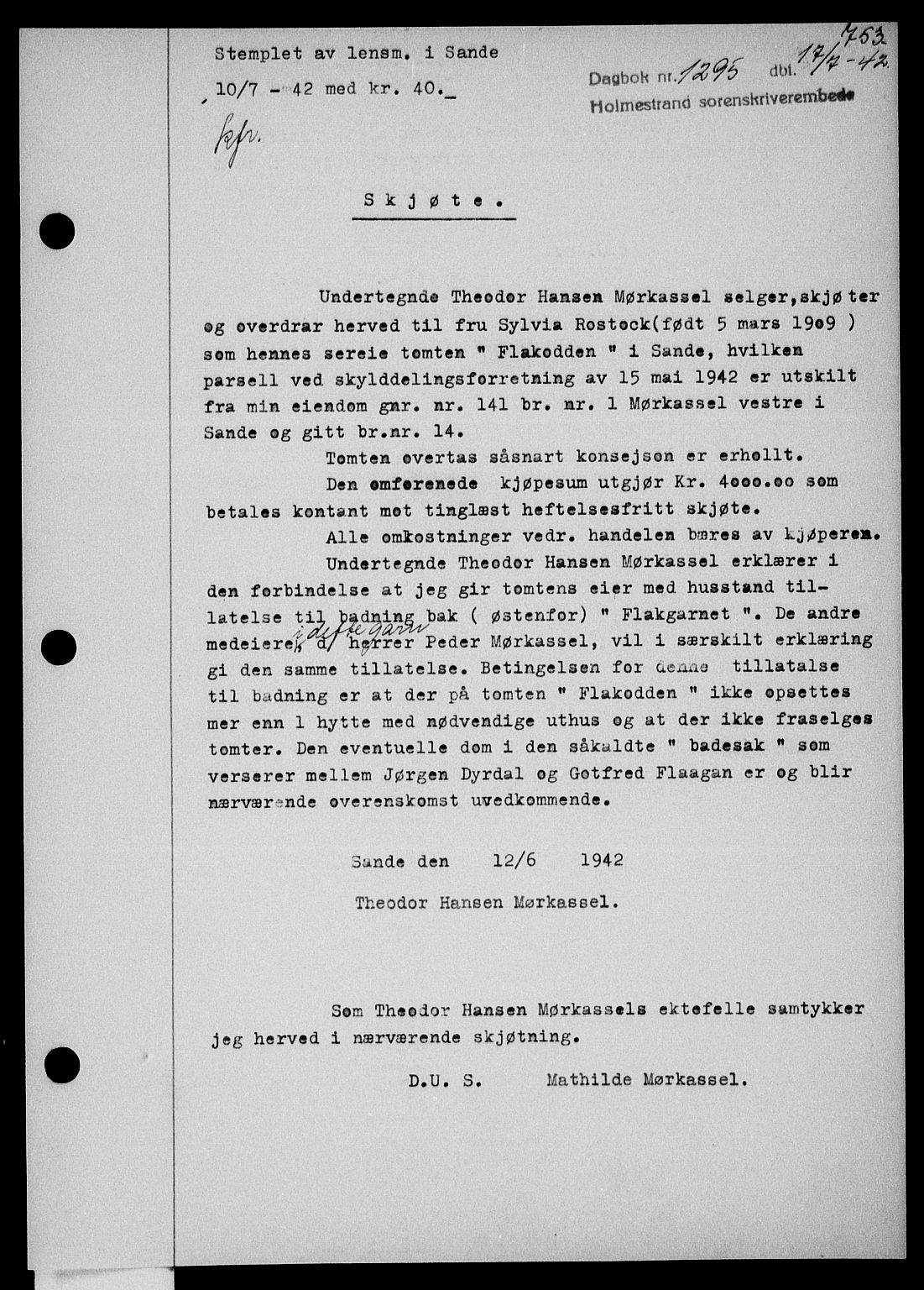 Holmestrand sorenskriveri, SAKO/A-67/G/Ga/Gaa/L0055: Pantebok nr. A-55, 1942-1942, Dagboknr: 1295/1942