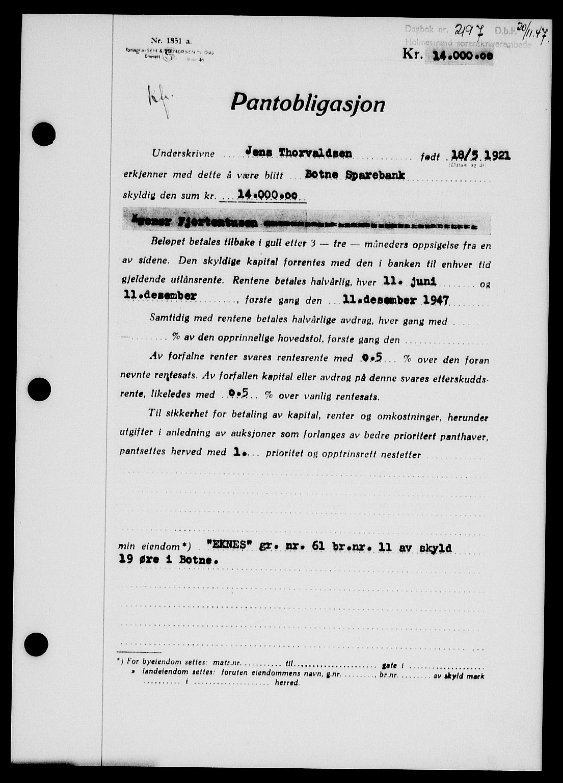 Holmestrand sorenskriveri, SAKO/A-67/G/Ga/Gab/L0058: Pantebok nr. B-58, 1947-1948, Dagboknr: 2197/1947