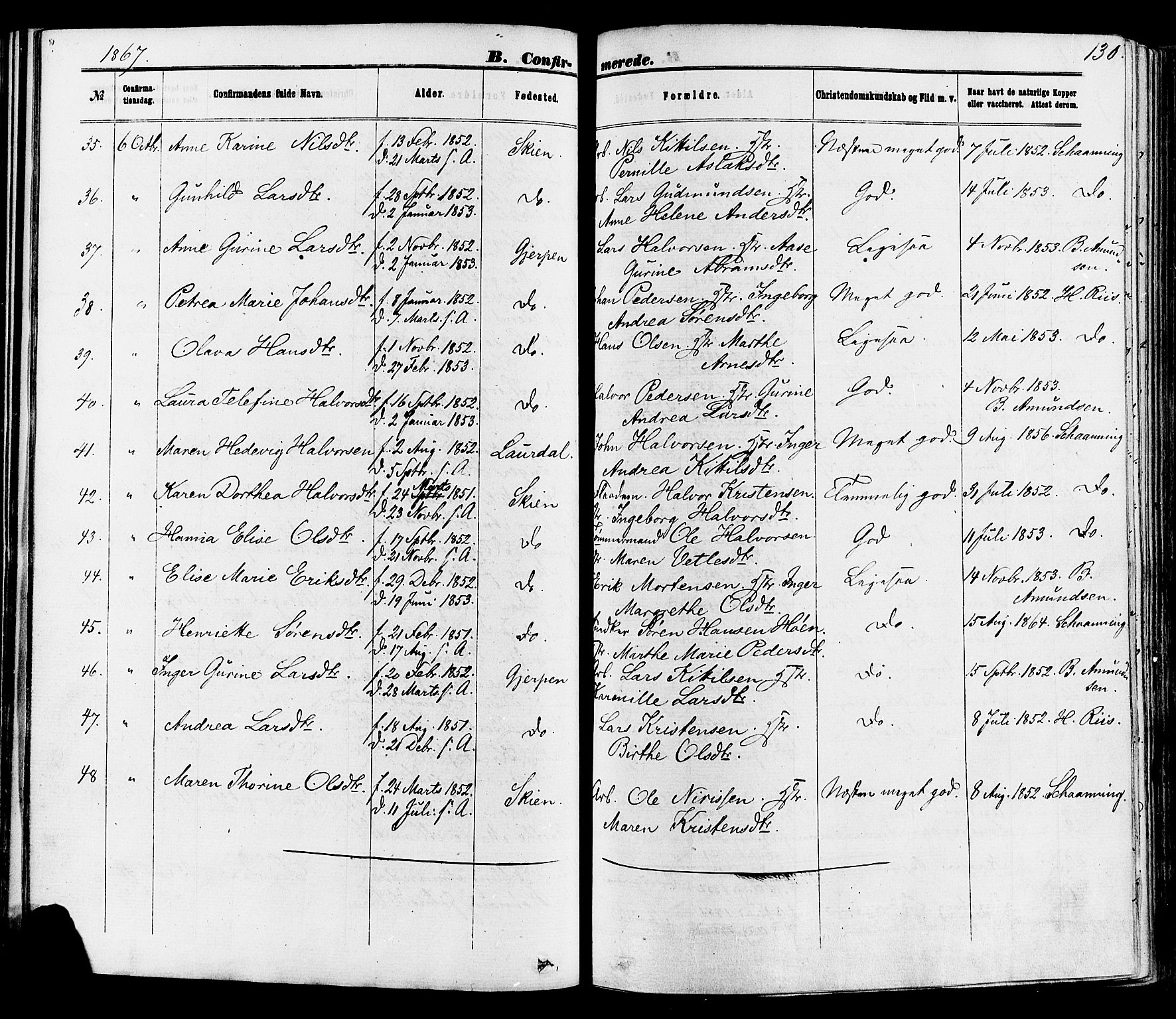 Skien kirkebøker, AV/SAKO-A-302/F/Fa/L0008: Ministerialbok nr. 8, 1866-1877, s. 130