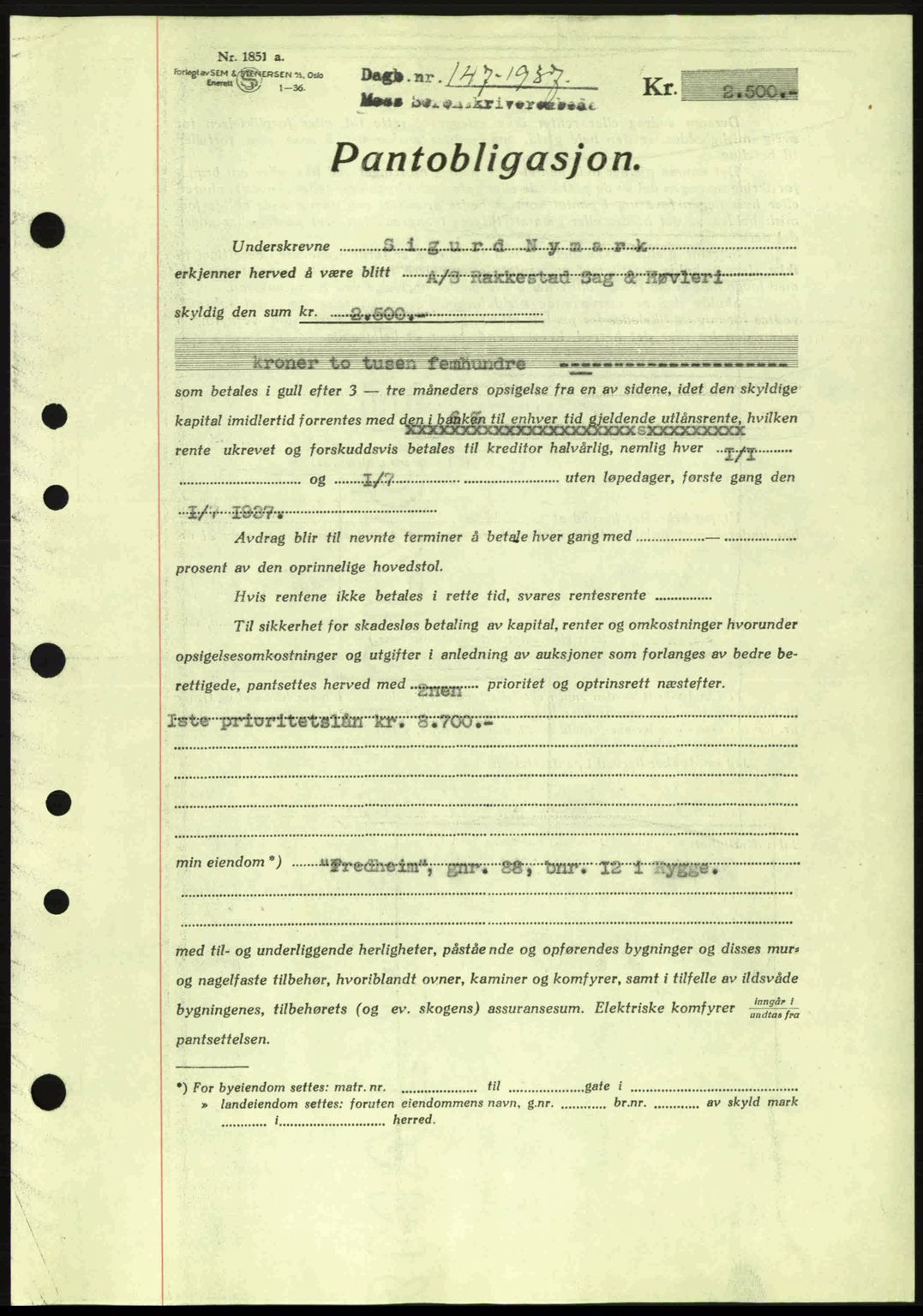 Moss sorenskriveri, SAO/A-10168: Pantebok nr. B3, 1937-1937, Dagboknr: 147/1937