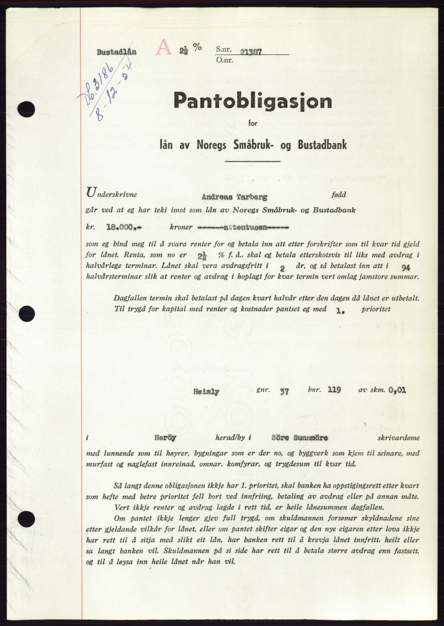 Søre Sunnmøre sorenskriveri, AV/SAT-A-4122/1/2/2C/L0126: Pantebok nr. 14B, 1954-1955, Dagboknr: 3186/1954