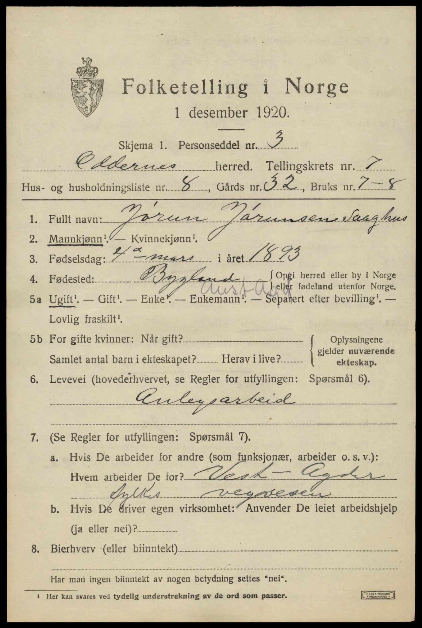 SAK, Folketelling 1920 for 1012 Oddernes herred, 1920, s. 5433