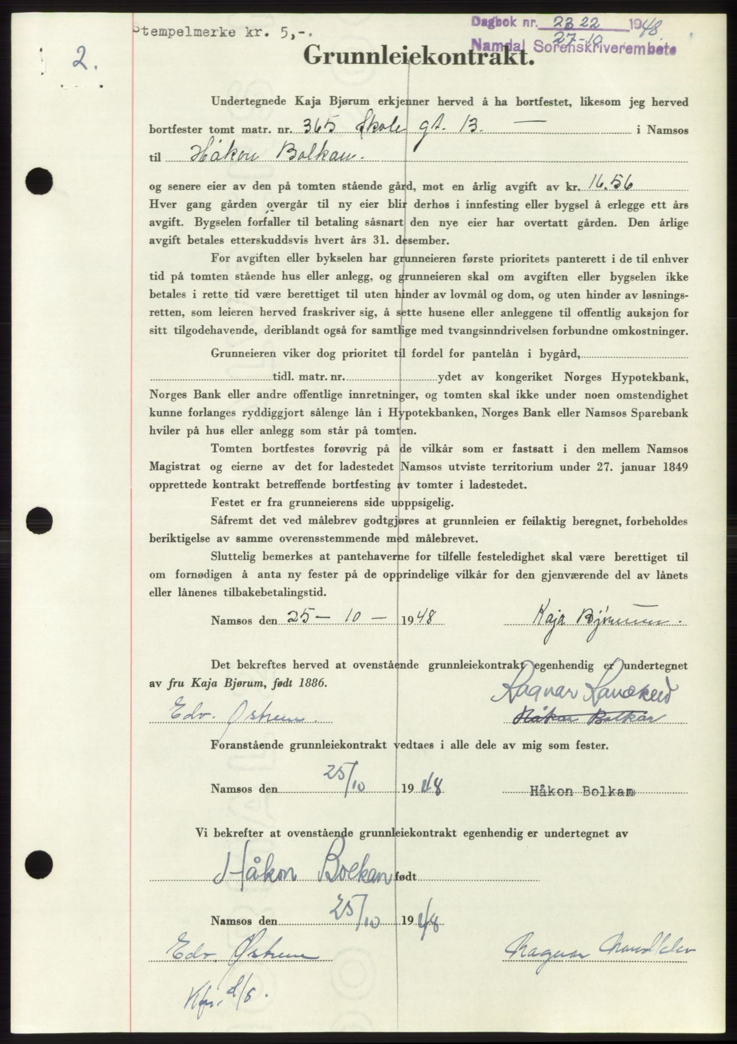 Namdal sorenskriveri, SAT/A-4133/1/2/2C: Pantebok nr. -, 1948-1948, Dagboknr: 2322/1948