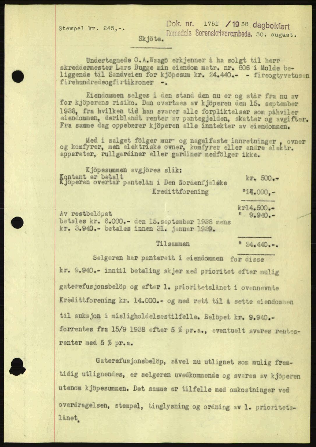 Romsdal sorenskriveri, SAT/A-4149/1/2/2C: Pantebok nr. A5, 1938-1938, Dagboknr: 1751/1938
