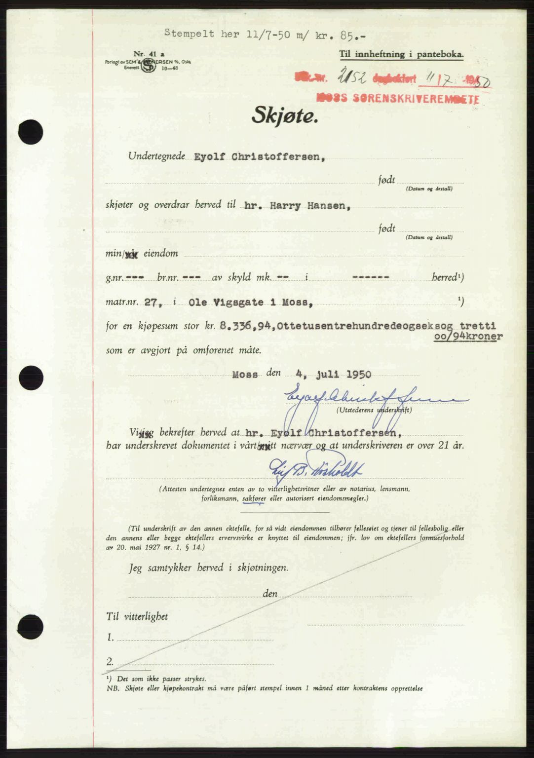Moss sorenskriveri, SAO/A-10168: Pantebok nr. A26, 1950-1950, Dagboknr: 2152/1950
