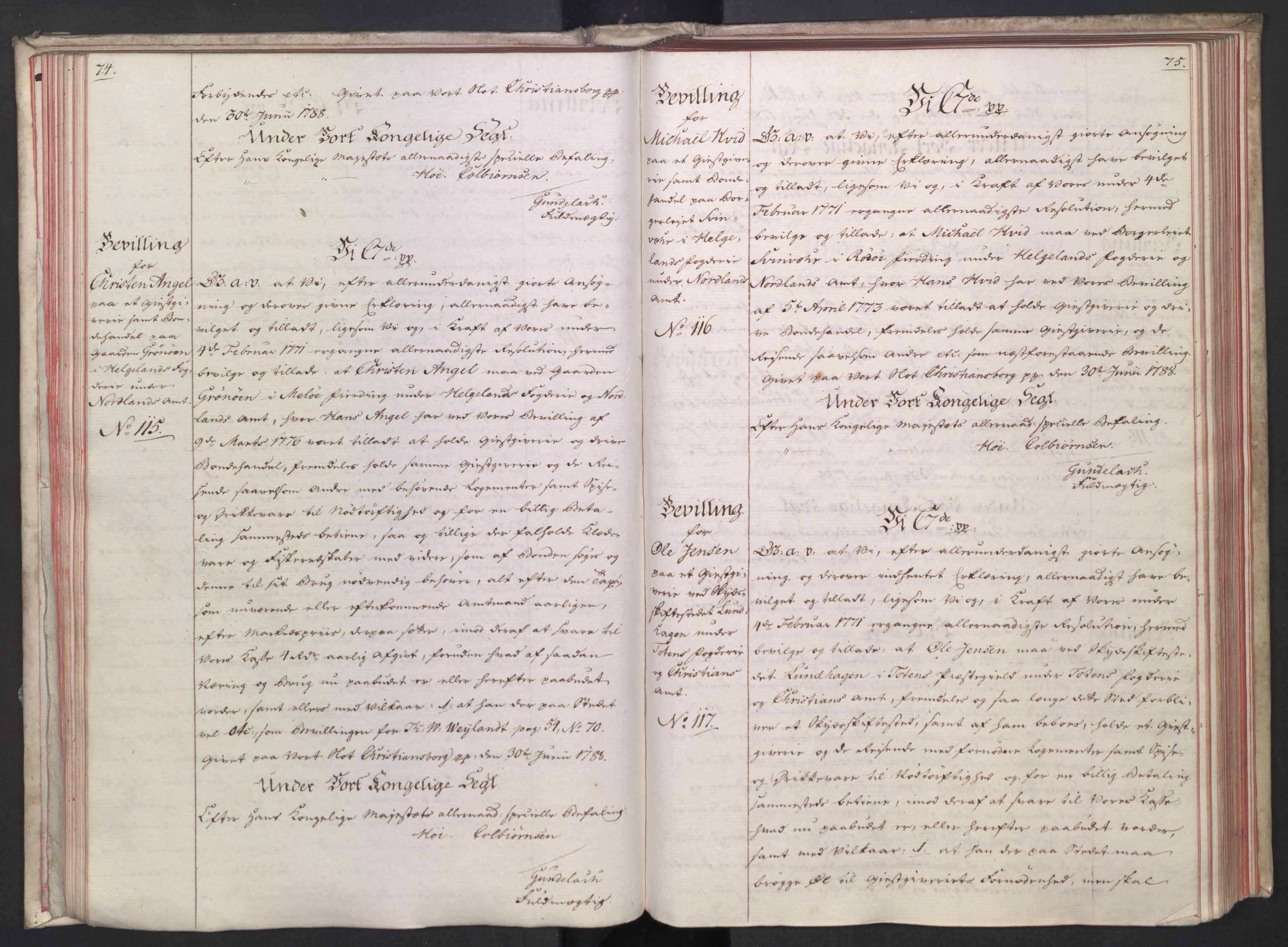 Rentekammeret, Kammerkanselliet, RA/EA-3111/G/Gg/Gga/L0014: Norsk ekspedisjonsprotokoll med register (merket RK 53.14), 1787-1790, s. 74-75