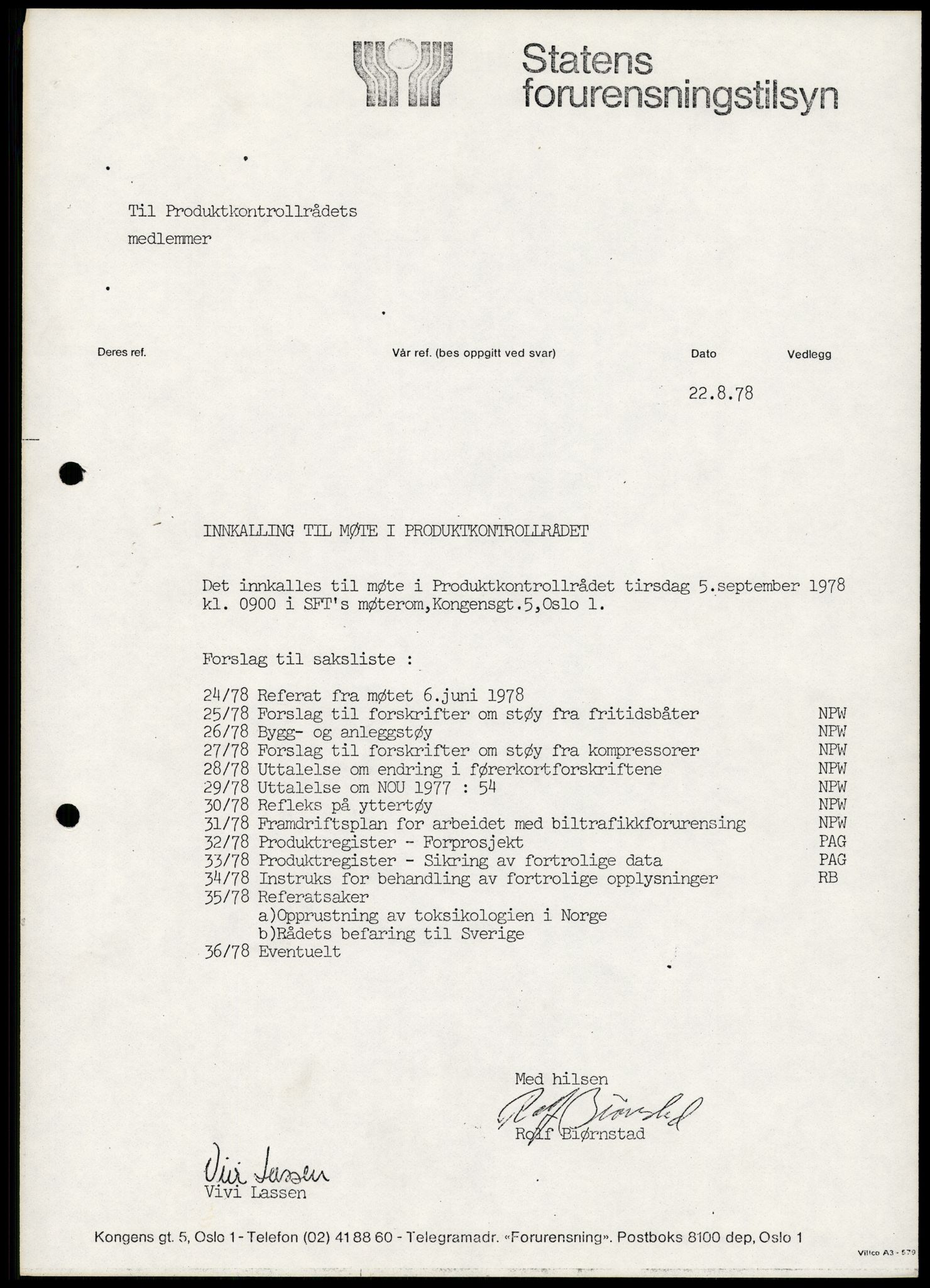 Statens forurensningstilsyn, hovedkontoret, RA/S-4136/1/A/Ab/L0003: Produktkontrollrådet - Innkalling og referater, 1978