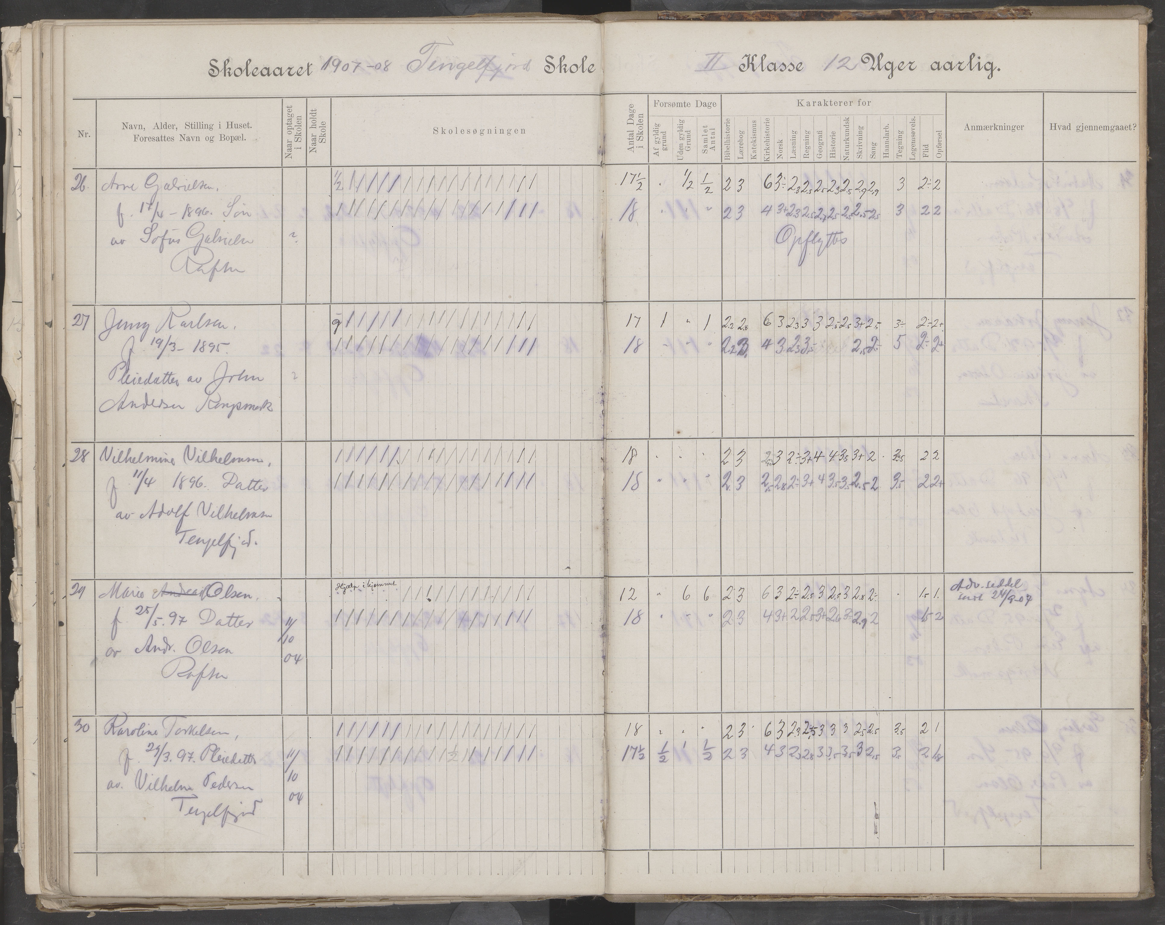 Hadsel kommune. Tengelfjord skolekrets, AIN/K-18660.510.04/G/L0001: Skoleprotokoll for Tengelfjord skole, 1899-1908