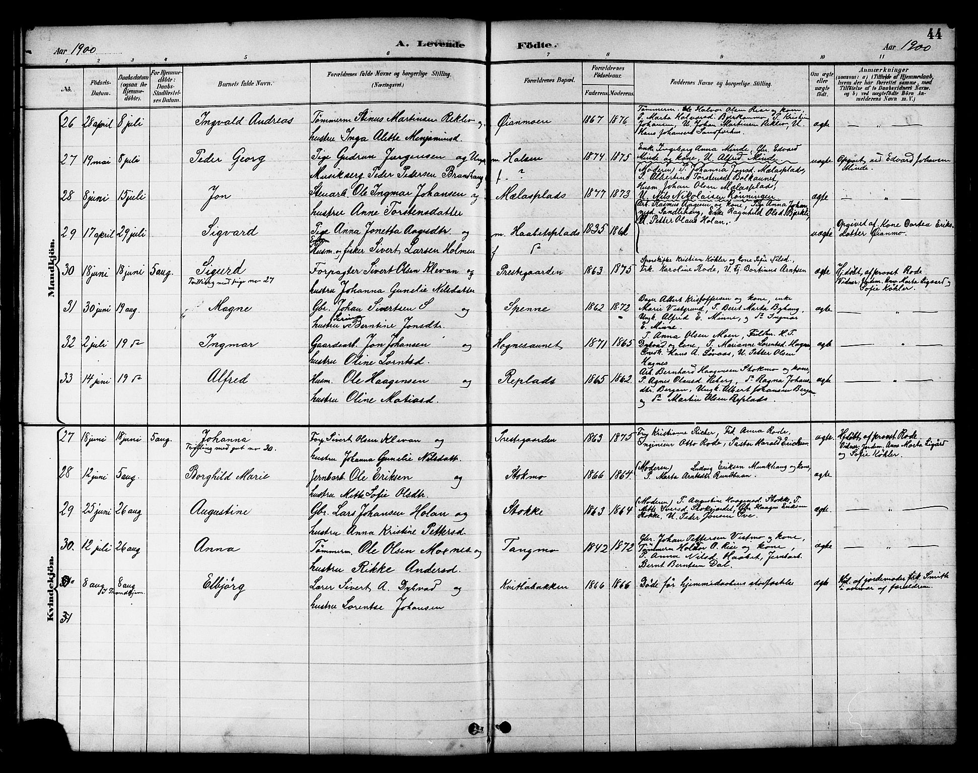 Ministerialprotokoller, klokkerbøker og fødselsregistre - Nord-Trøndelag, AV/SAT-A-1458/709/L0087: Klokkerbok nr. 709C01, 1892-1913, s. 44