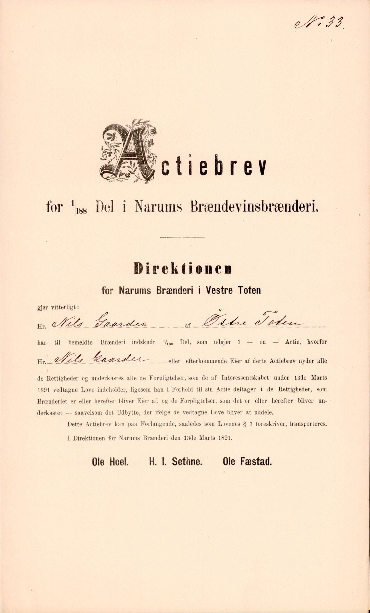 Narum Brenneri, OAMM/T-A-00012/F/0002 / Aksjebrever i Brenneriet for 1/188, 1891, 13 stk (6 blanke), 1891
