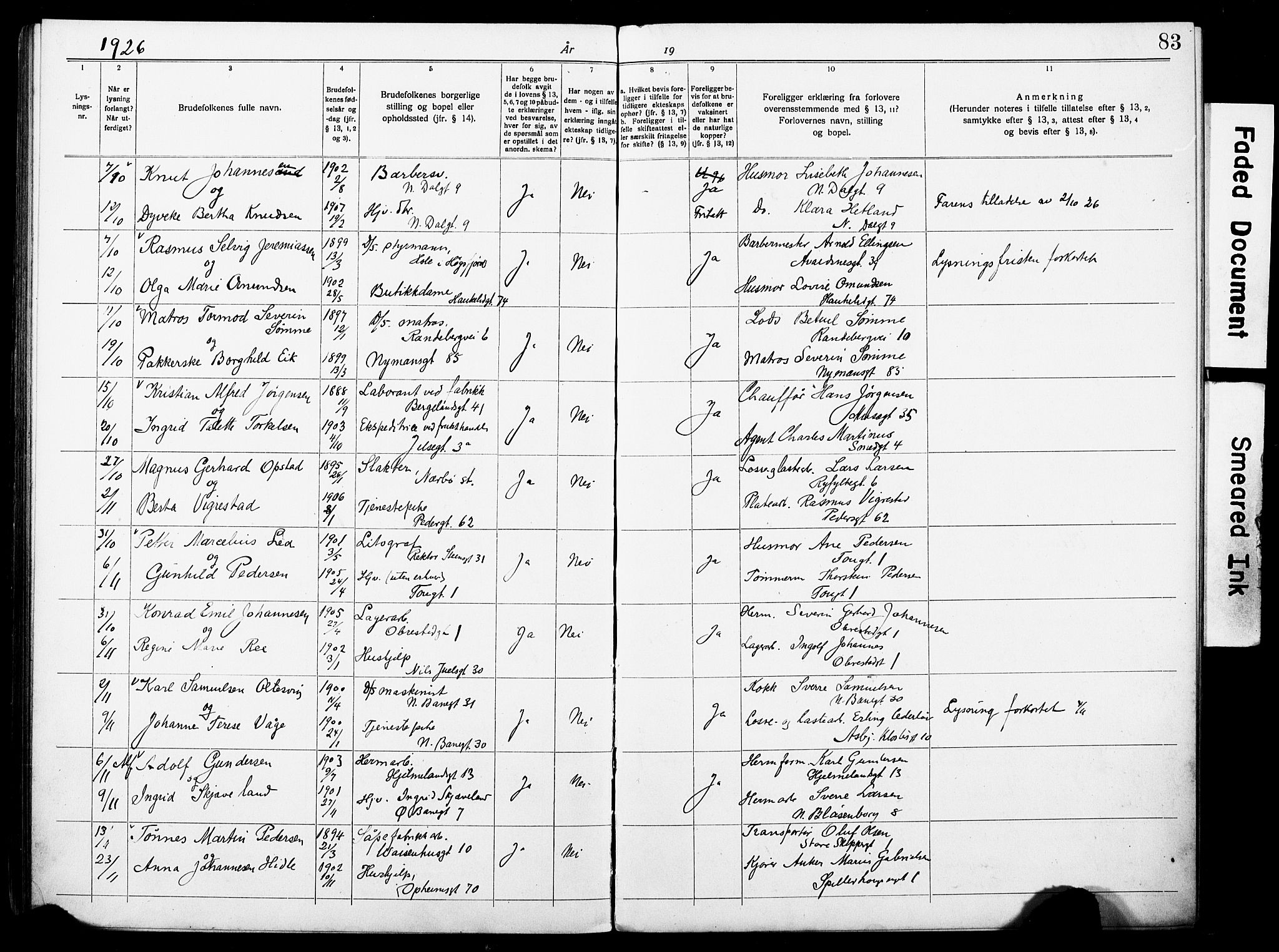 St. Johannes sokneprestkontor, AV/SAST-A-101814/001/70/705BA/L0004: Lysningsprotokoll nr. 4, 1919-1928, s. 83