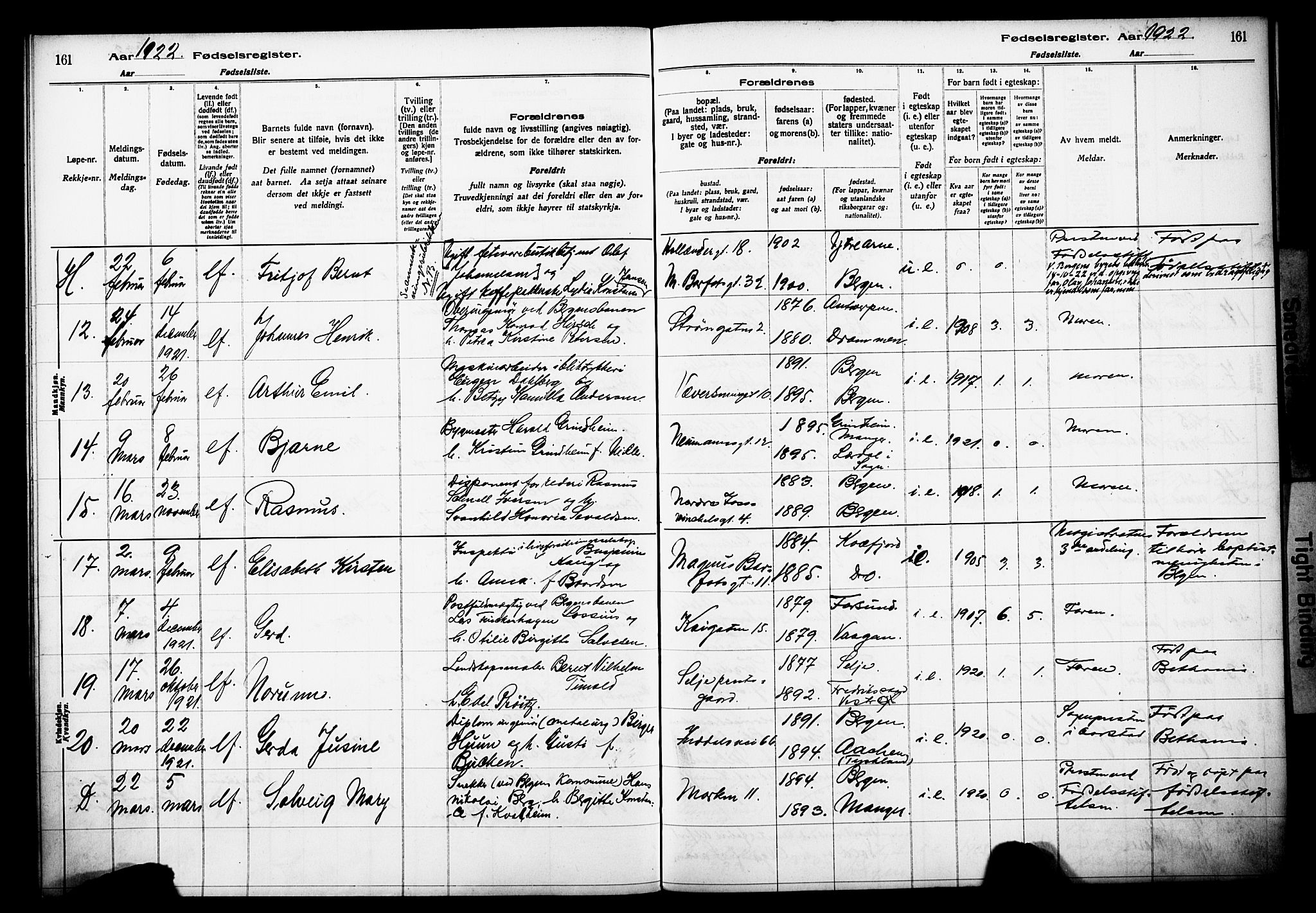 Domkirken sokneprestembete, AV/SAB-A-74801/I/Id/L00A1: Fødselsregister nr. A 1, 1916-1923, s. 161