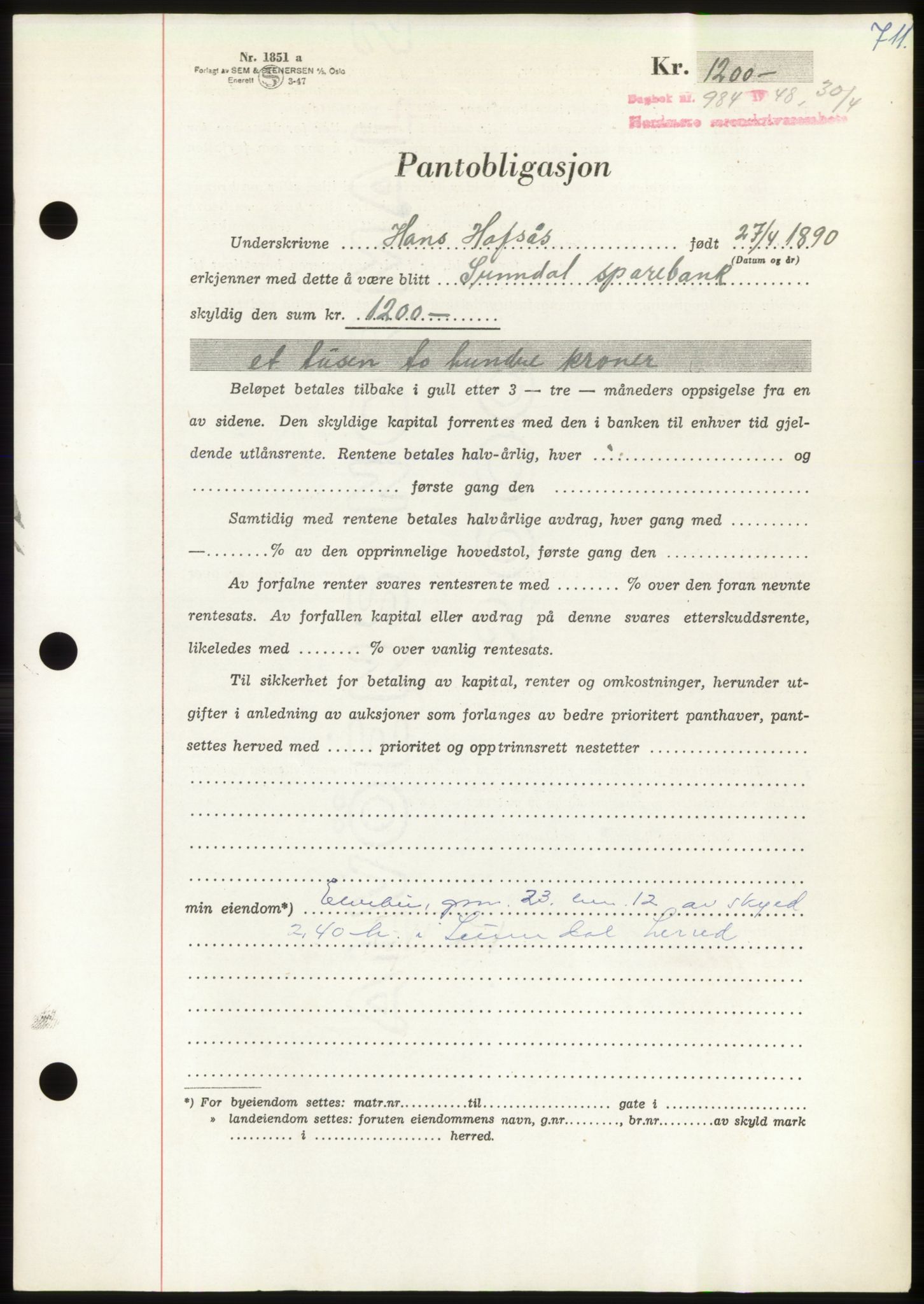 Nordmøre sorenskriveri, SAT/A-4132/1/2/2Ca: Pantebok nr. B98, 1948-1948, Dagboknr: 984/1948
