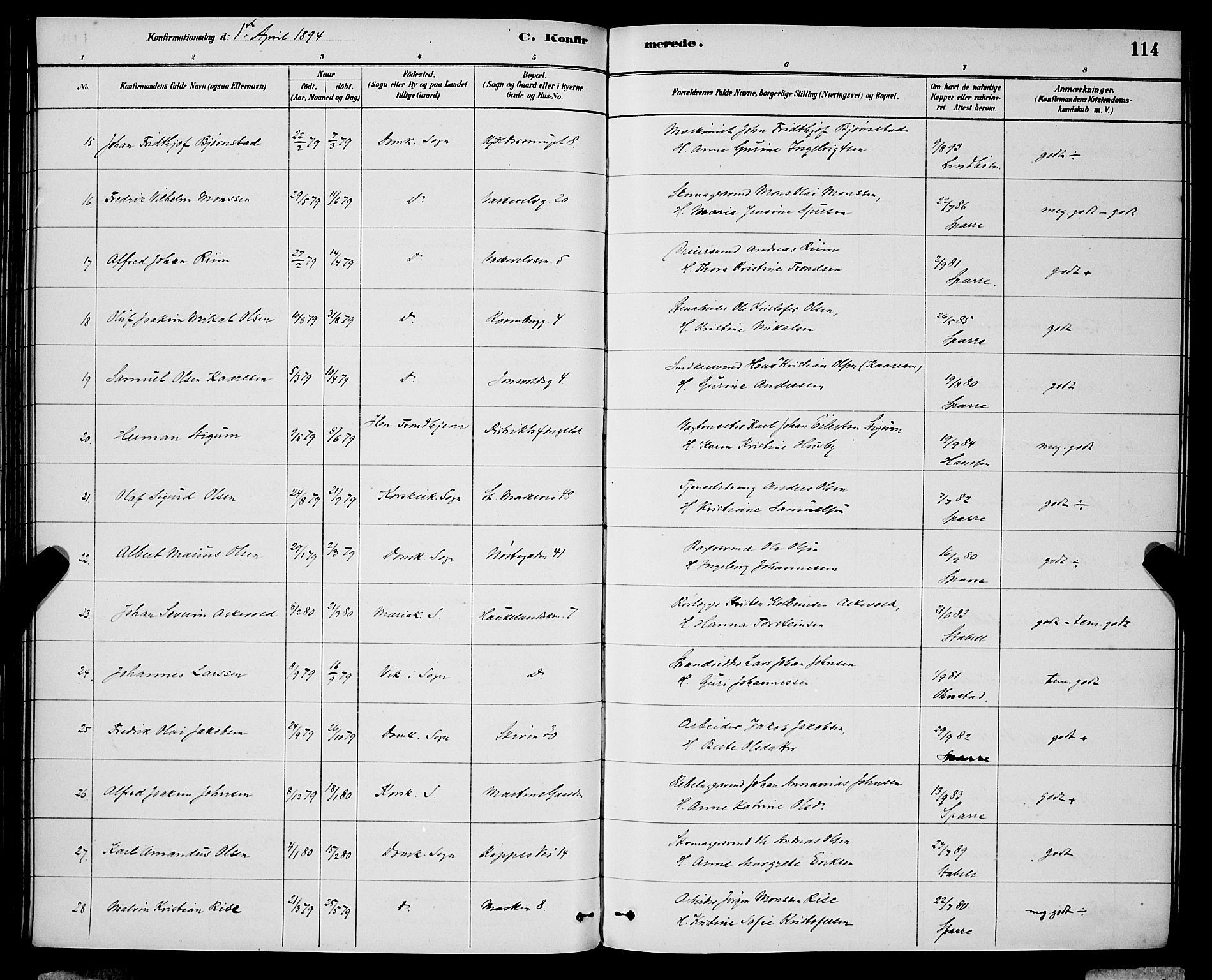 Domkirken sokneprestembete, AV/SAB-A-74801/H/Hab/L0024: Klokkerbok nr. C 4, 1880-1899, s. 114