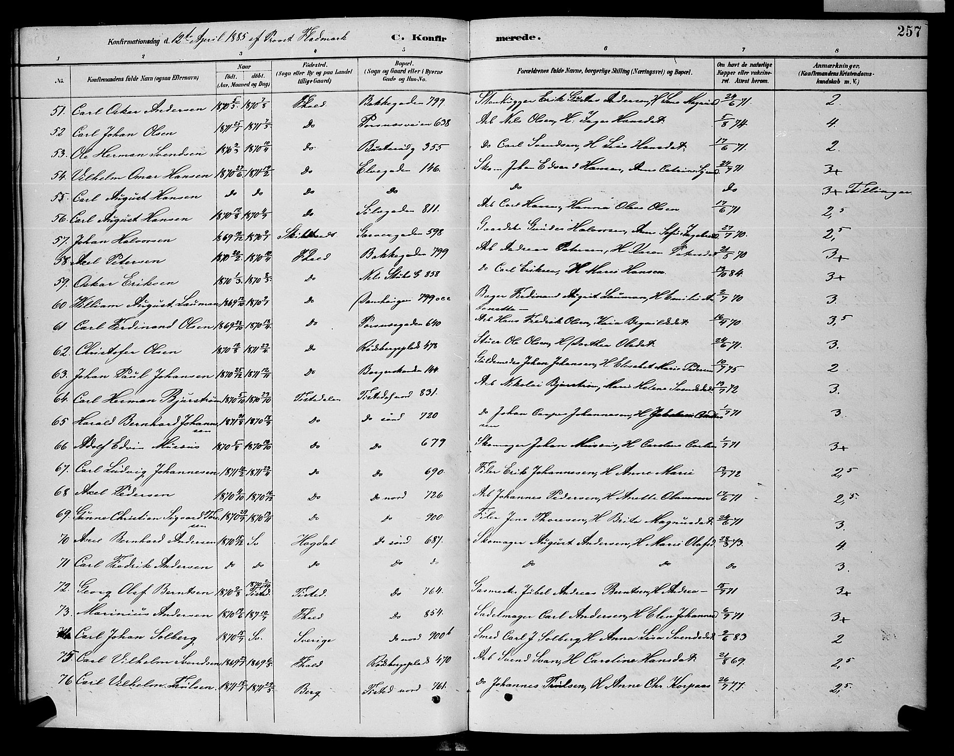 Halden prestekontor Kirkebøker, AV/SAO-A-10909/G/Ga/L0008: Klokkerbok nr. 8, 1885-1899, s. 257