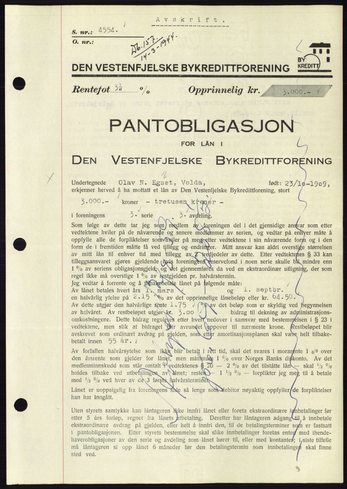 Søre Sunnmøre sorenskriveri, AV/SAT-A-4122/1/2/2C/L0114: Pantebok nr. 1-2B, 1943-1947, Dagboknr: 157/1944