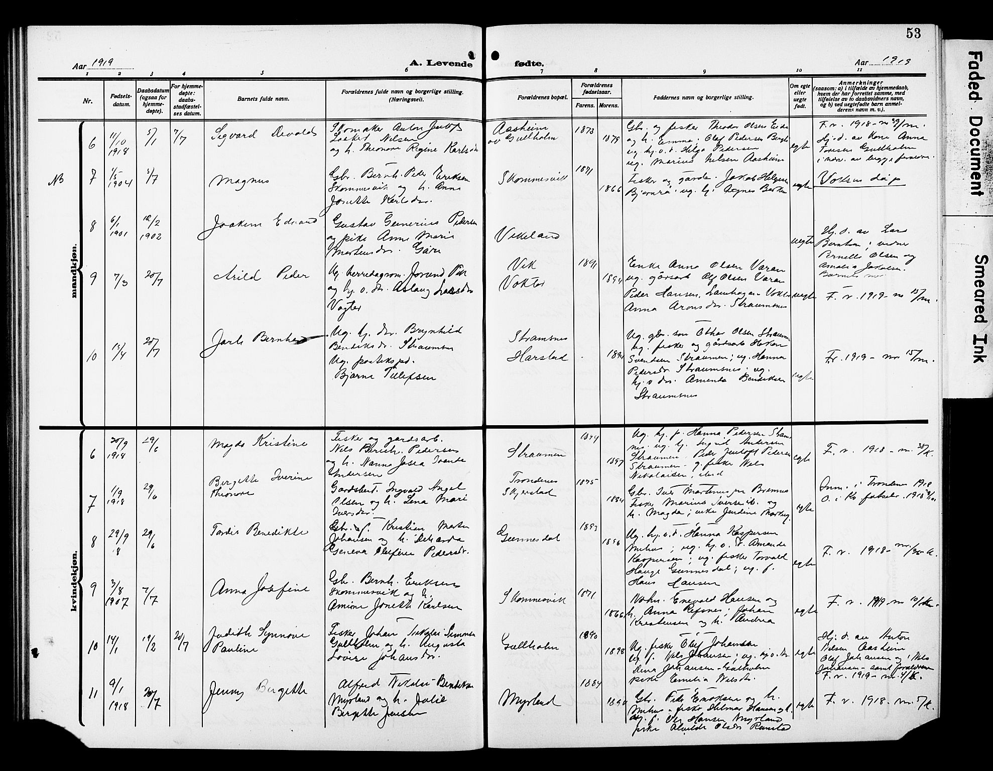 Kvæfjord sokneprestkontor, AV/SATØ-S-1323/G/Ga/Gab/L0006klokker: Klokkerbok nr. 6, 1912-1931, s. 53