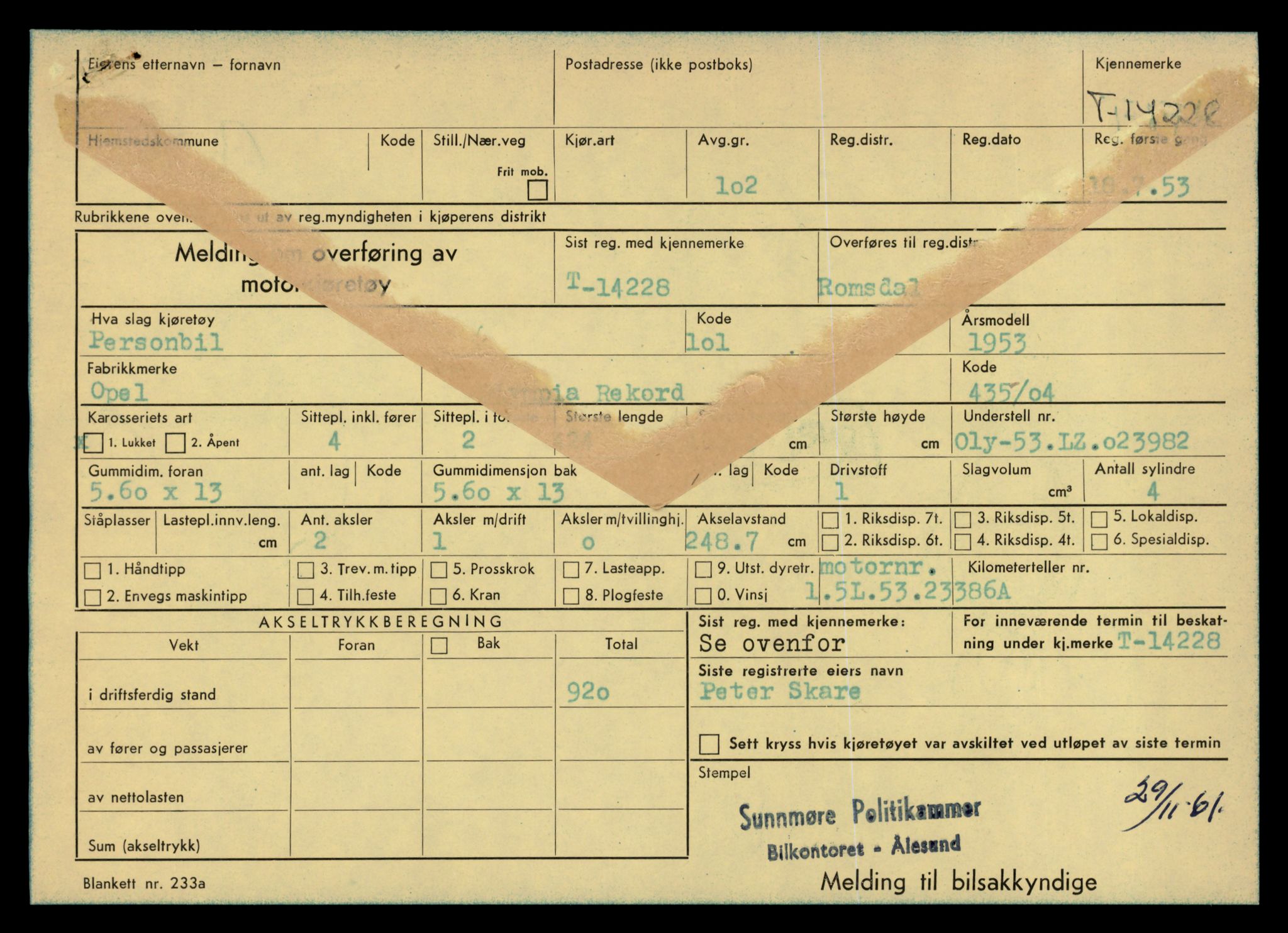 Møre og Romsdal vegkontor - Ålesund trafikkstasjon, AV/SAT-A-4099/F/Fe/L0044: Registreringskort for kjøretøy T 14205 - T 14319, 1927-1998, s. 702