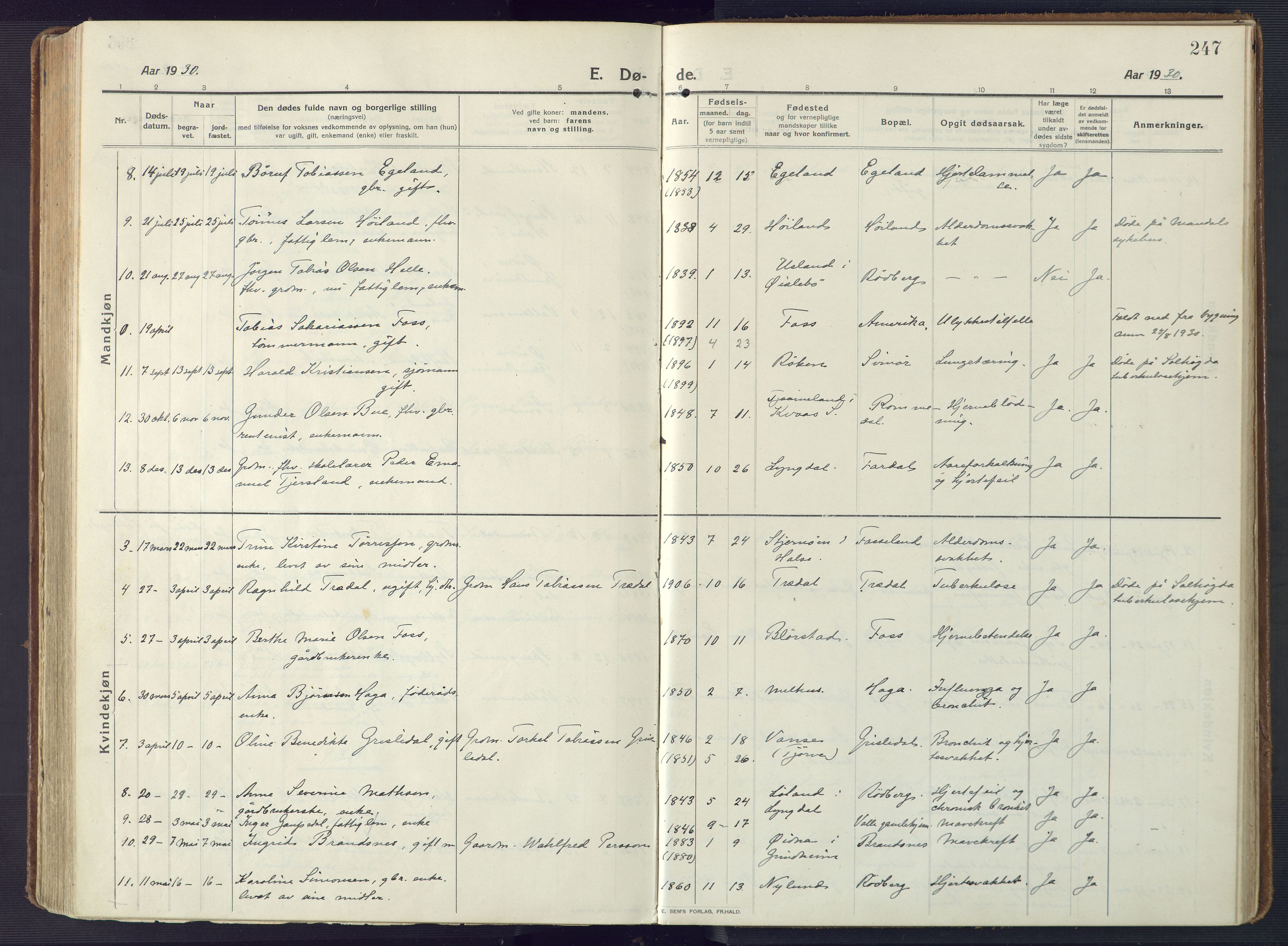 Sør-Audnedal sokneprestkontor, AV/SAK-1111-0039/F/Fa/Fab/L0011: Ministerialbok nr. A 11, 1912-1938, s. 247