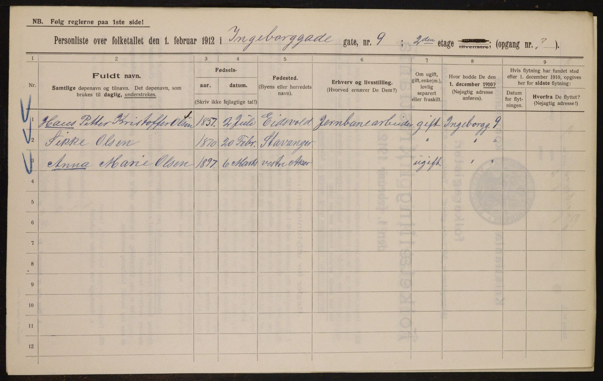 OBA, Kommunal folketelling 1.2.1912 for Kristiania, 1912, s. 44191