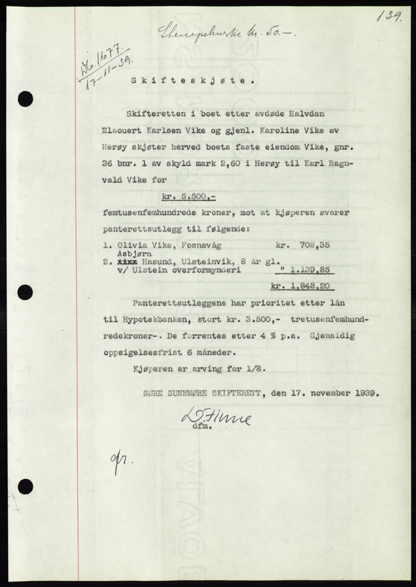 Søre Sunnmøre sorenskriveri, SAT/A-4122/1/2/2C/L0069: Pantebok nr. 63, 1939-1940, Dagboknr: 1677/1939
