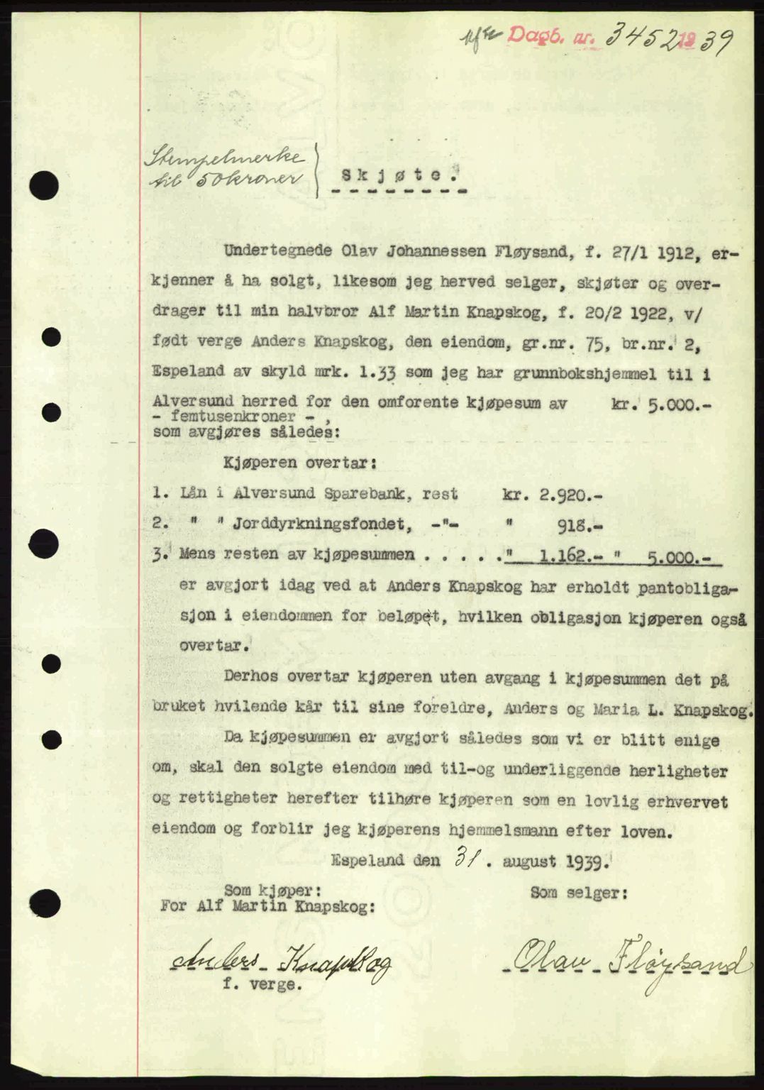 Nordhordland sorenskrivar, SAB/A-2901/1/G/Gb/Gbf/L0010: Pantebok nr. A10, 1939-1940, Dagboknr: 3452/1939