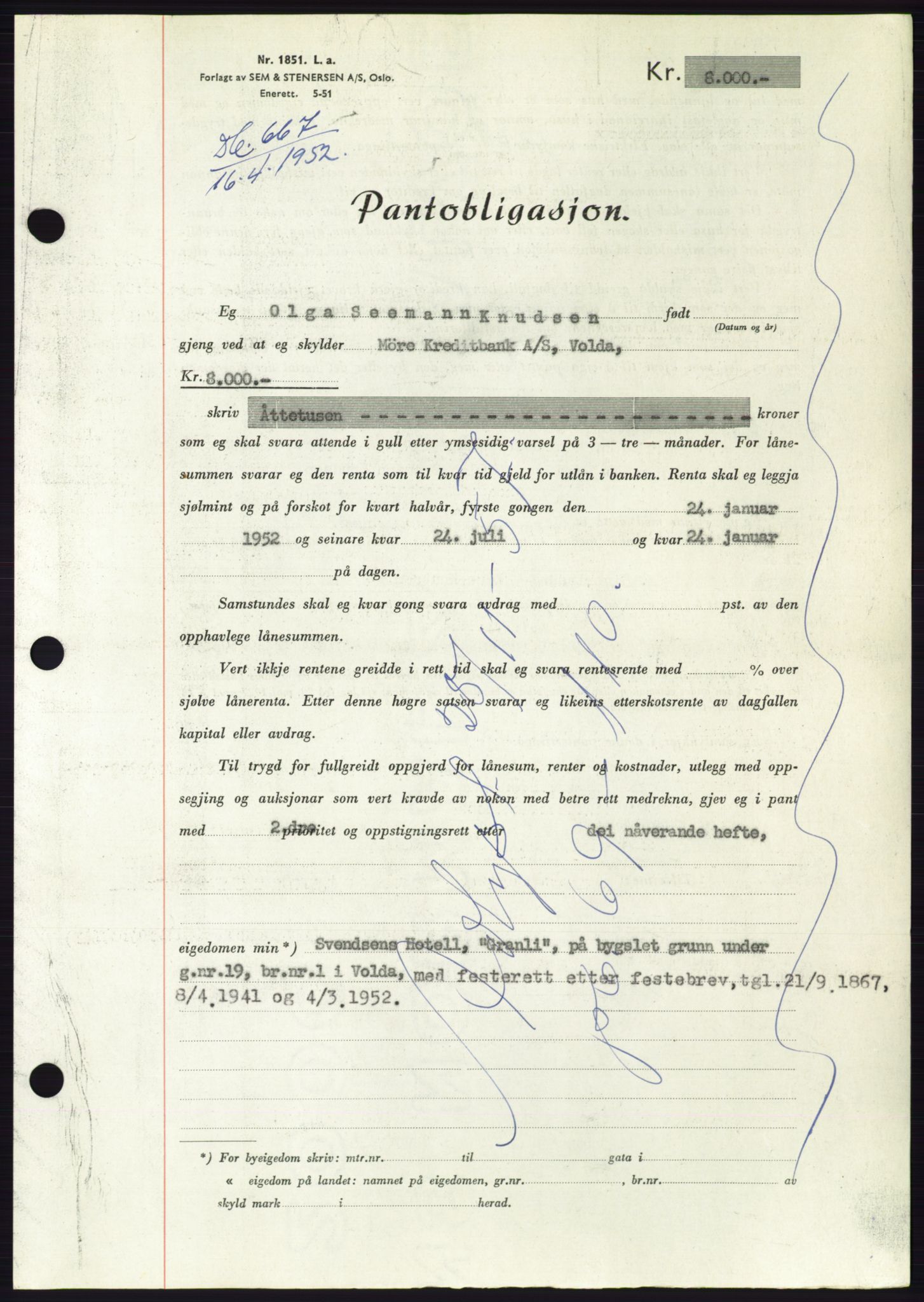 Søre Sunnmøre sorenskriveri, AV/SAT-A-4122/1/2/2C/L0121: Pantebok nr. 9B, 1951-1952, Dagboknr: 667/1952