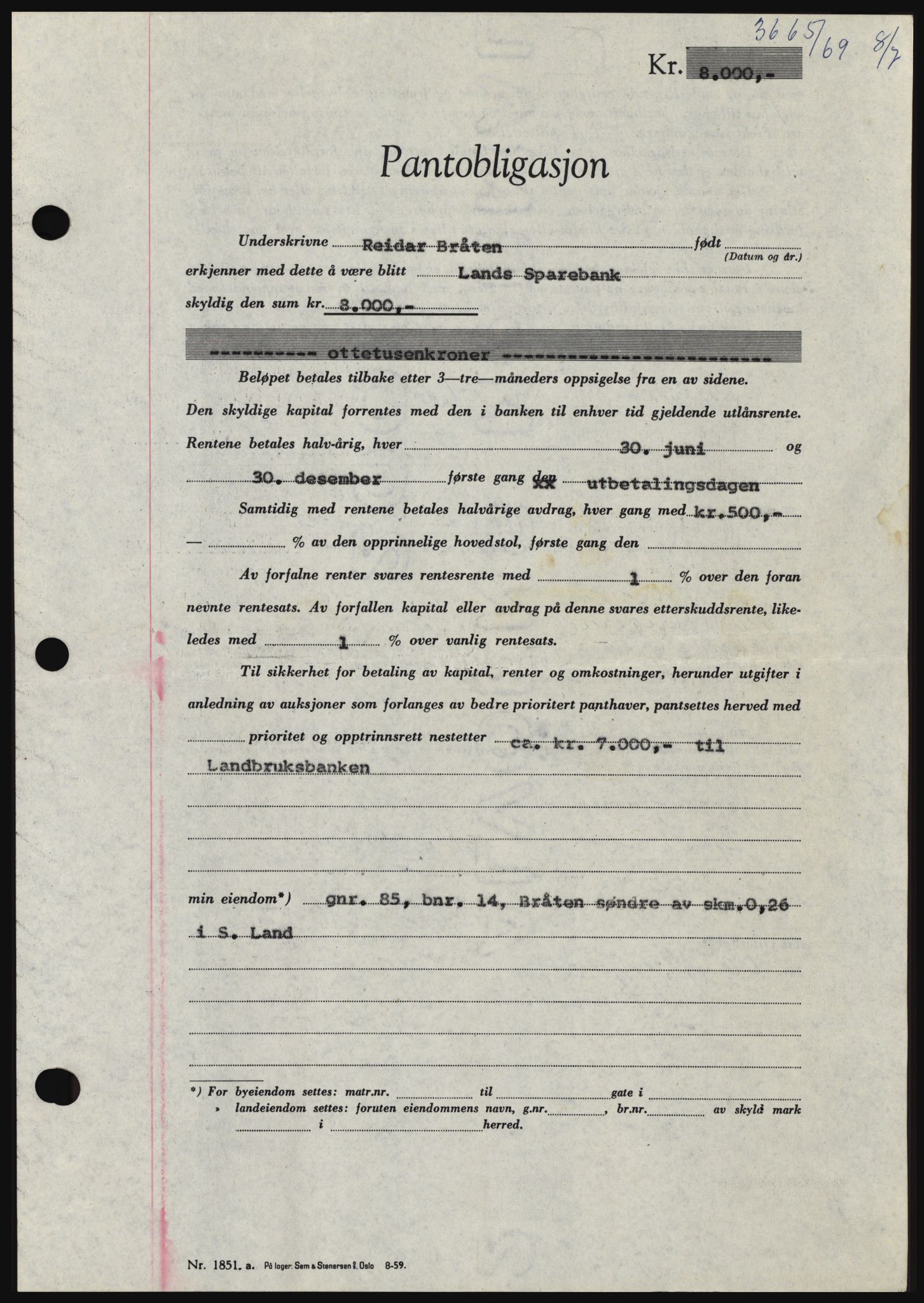 Hadeland og Land tingrett, SAH/TING-010/H/Hb/Hbc/L0074: Pantebok nr. B74, 1969-1969, Dagboknr: 3665/1969