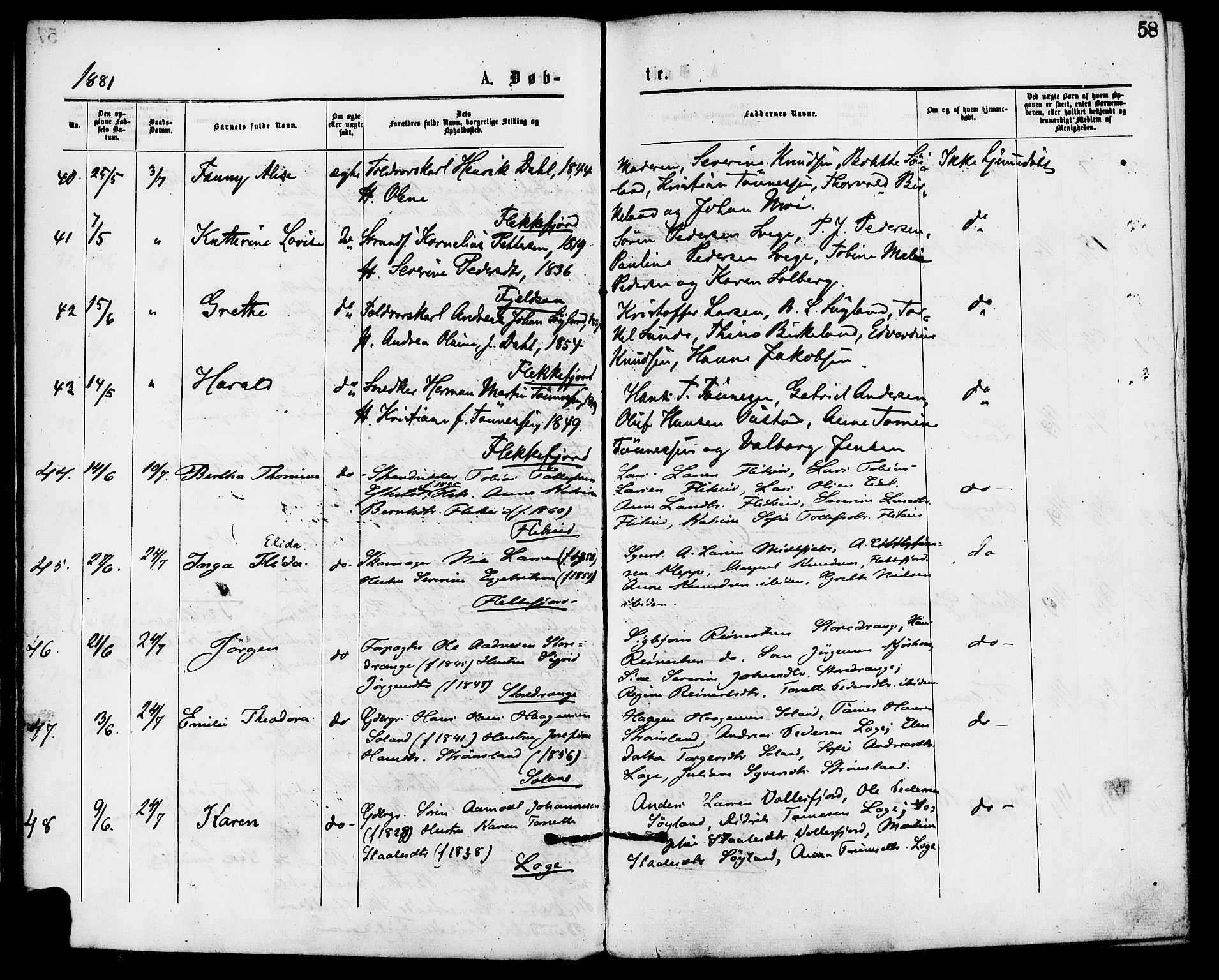 Flekkefjord sokneprestkontor, AV/SAK-1111-0012/F/Fa/Fac/L0007: Ministerialbok nr. A 7, 1875-1885, s. 58