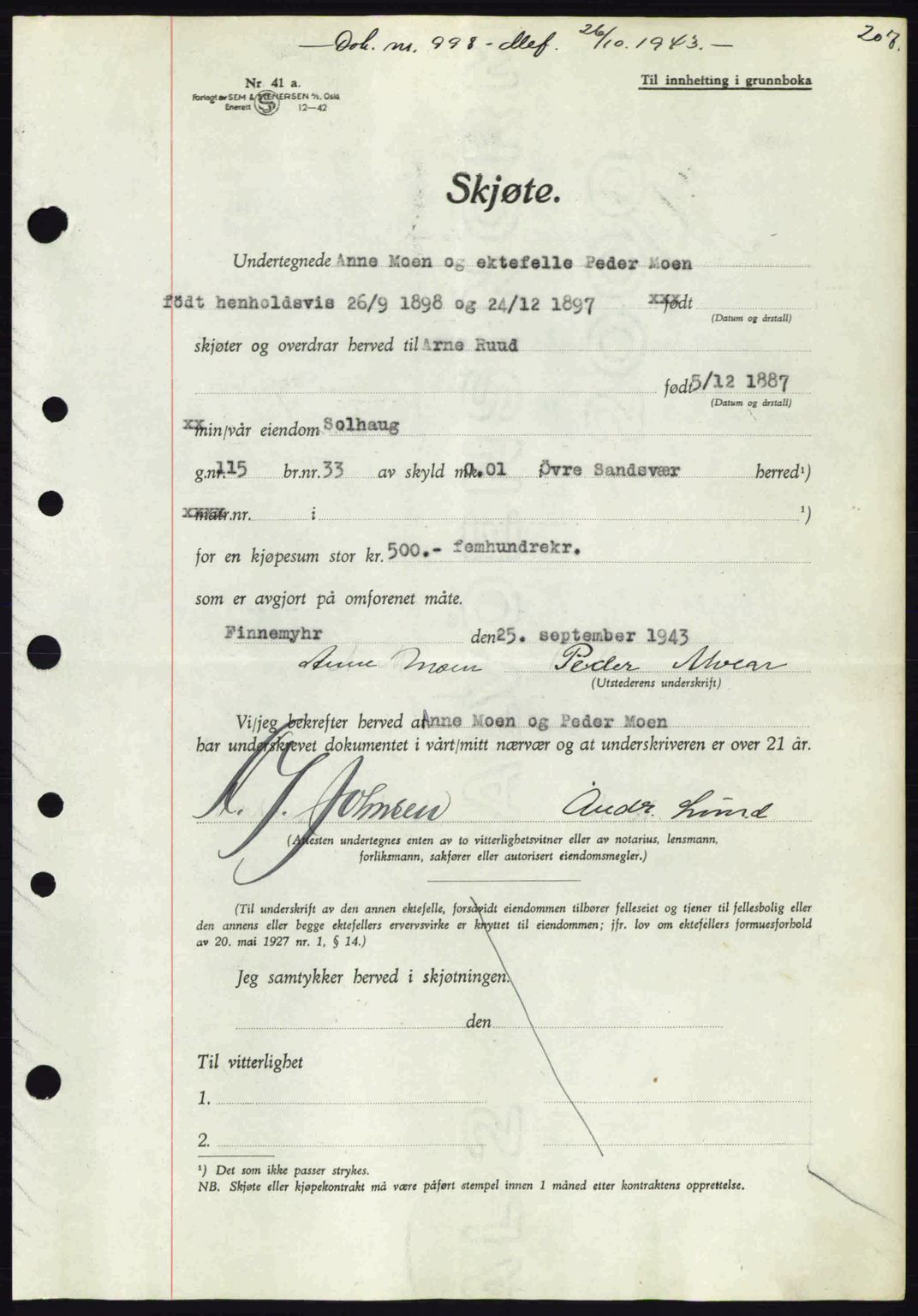 Numedal og Sandsvær sorenskriveri, SAKO/A-128/G/Ga/Gaa/L0055: Pantebok nr. A7, 1943-1944, Dagboknr: 998/1943