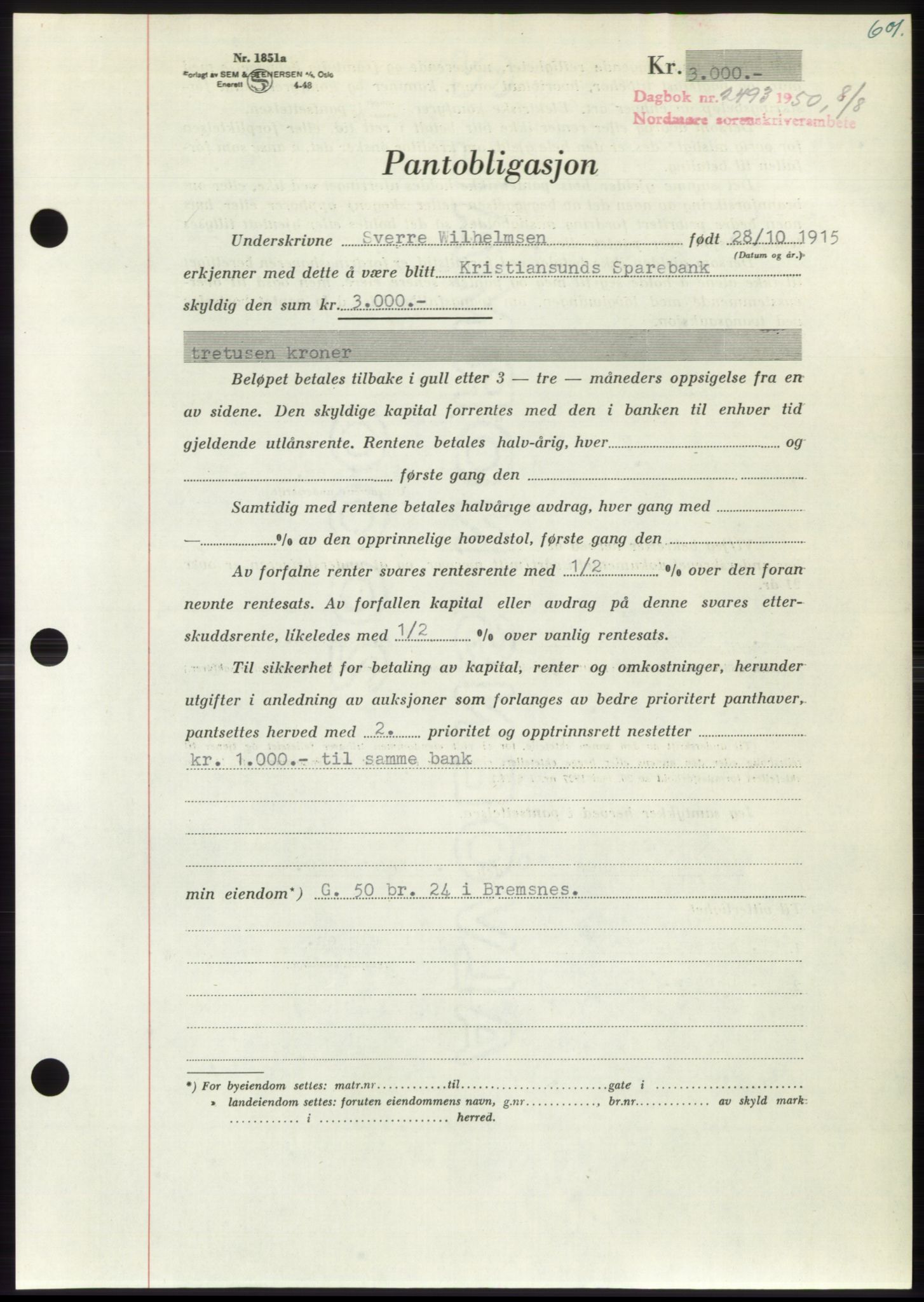 Nordmøre sorenskriveri, AV/SAT-A-4132/1/2/2Ca: Pantebok nr. B105, 1950-1950, Dagboknr: 2493/1950