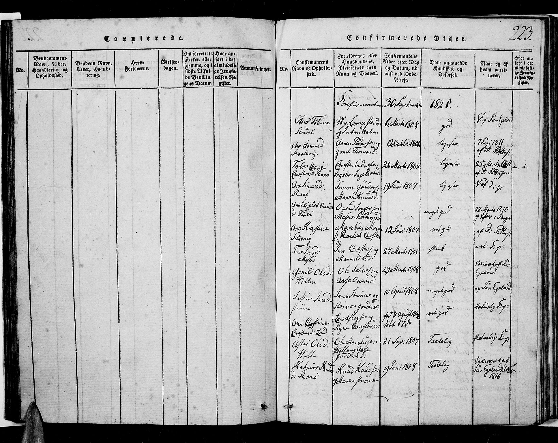 Oddernes sokneprestkontor, SAK/1111-0033/F/Fb/Fba/L0003: Klokkerbok nr. B 3, 1820-1838, s. 223