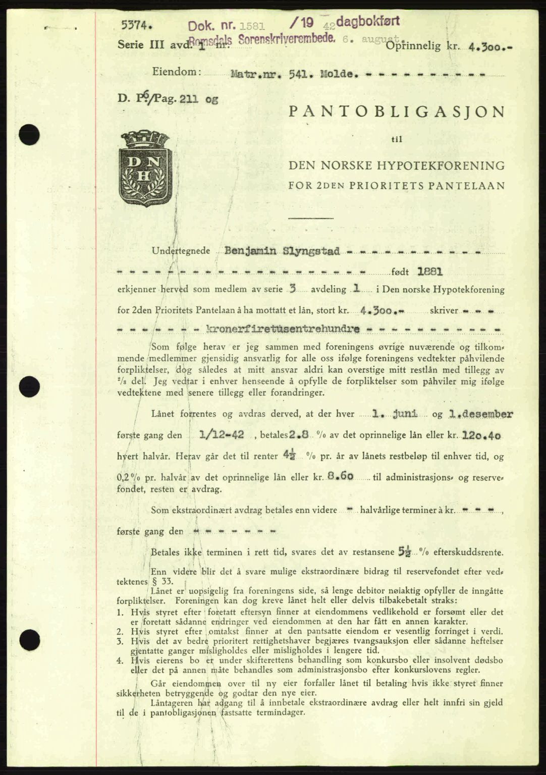 Romsdal sorenskriveri, SAT/A-4149/1/2/2C: Pantebok nr. B2, 1939-1945, Dagboknr: 1581/1942