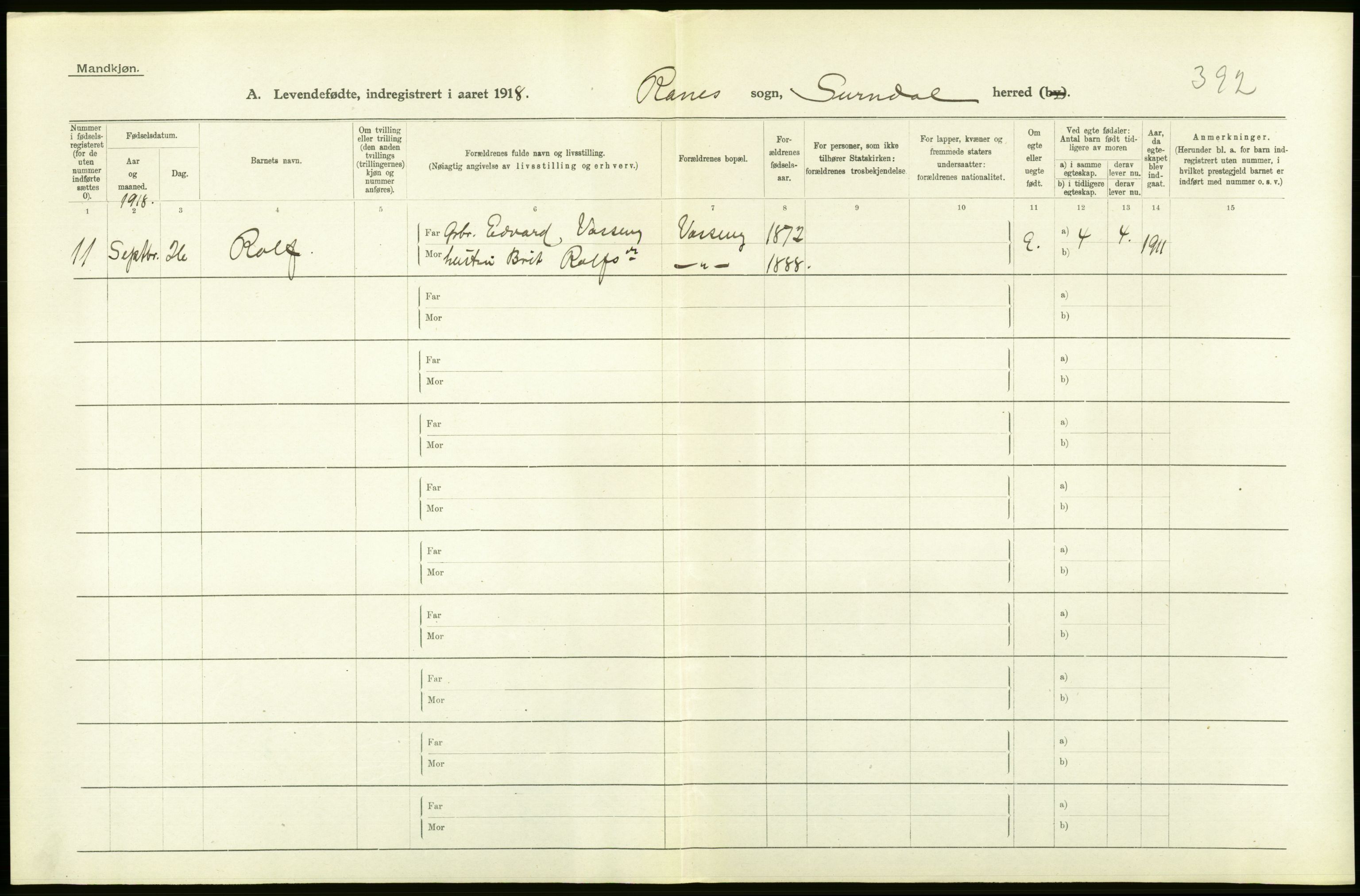 Statistisk sentralbyrå, Sosiodemografiske emner, Befolkning, RA/S-2228/D/Df/Dfb/Dfbh/L0043: Møre fylke: Levendefødte menn og kvinner. Bygder., 1918, s. 524