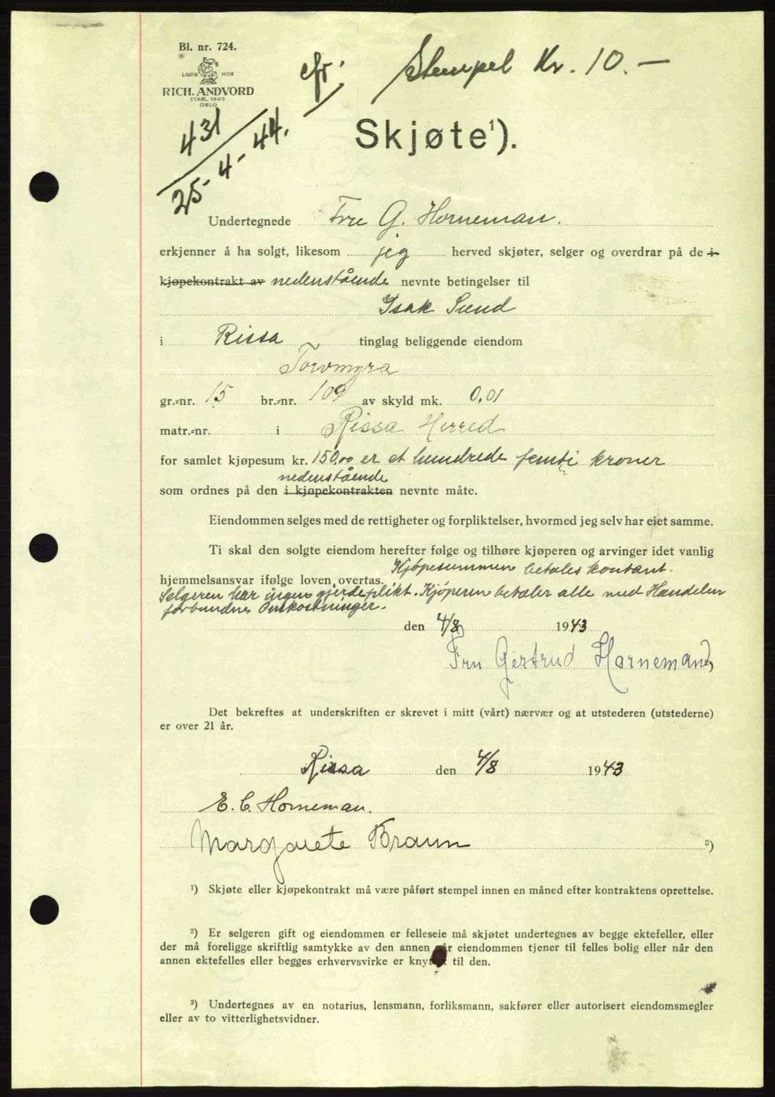 Fosen sorenskriveri, AV/SAT-A-1107/1/2/2C: Pantebok nr. A3, 1943-1945, Dagboknr: 431/1944