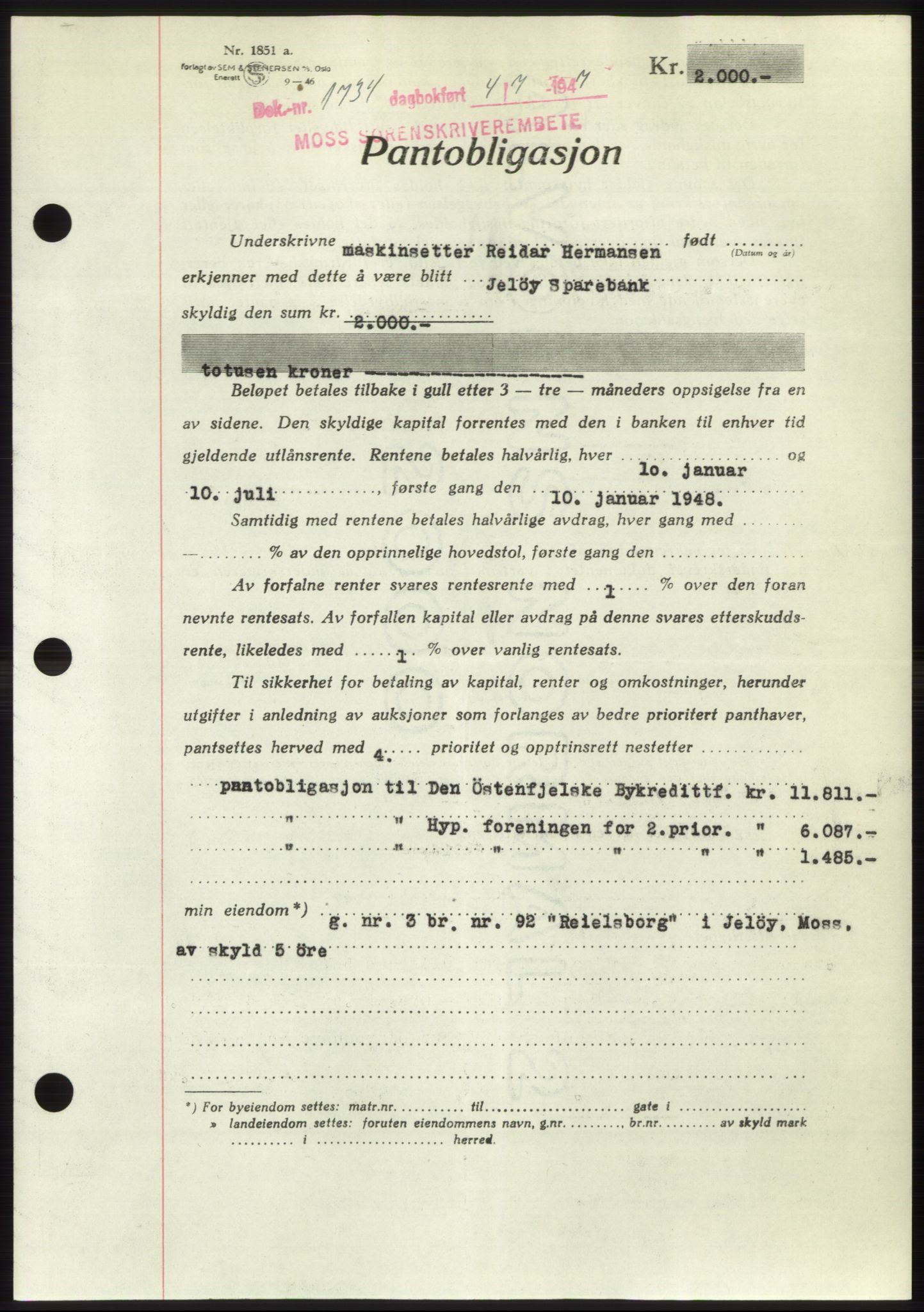 Moss sorenskriveri, SAO/A-10168: Pantebok nr. B17, 1947-1947, Dagboknr: 1734/1947