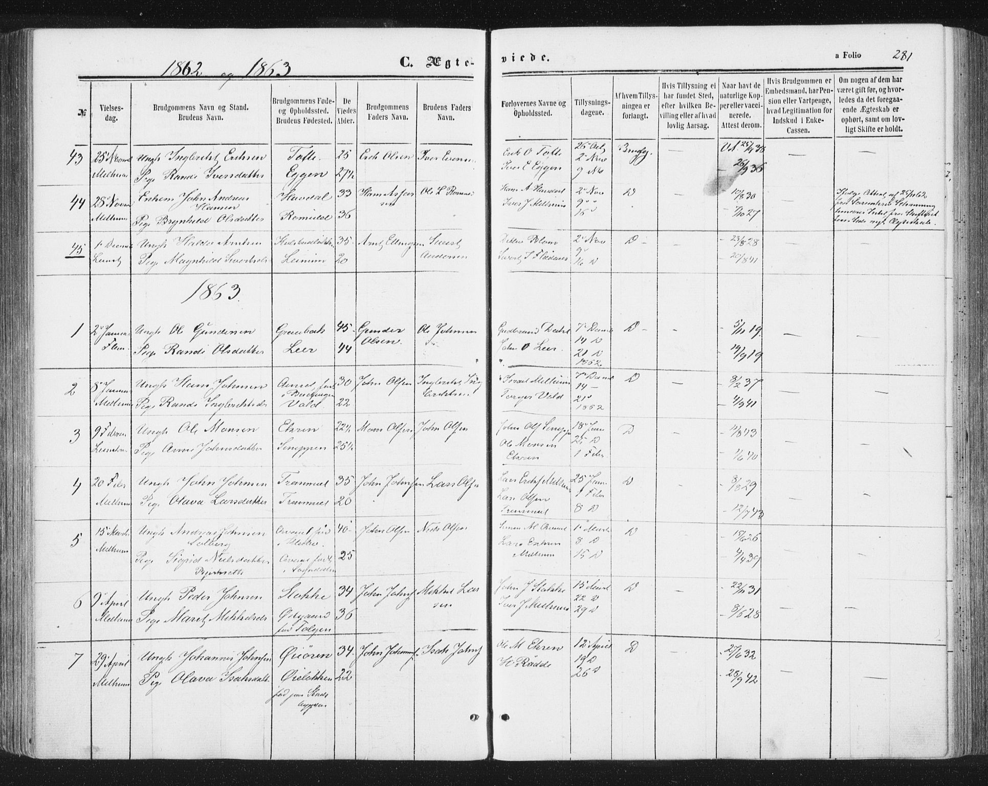 Ministerialprotokoller, klokkerbøker og fødselsregistre - Sør-Trøndelag, AV/SAT-A-1456/691/L1077: Ministerialbok nr. 691A09, 1862-1873, s. 281